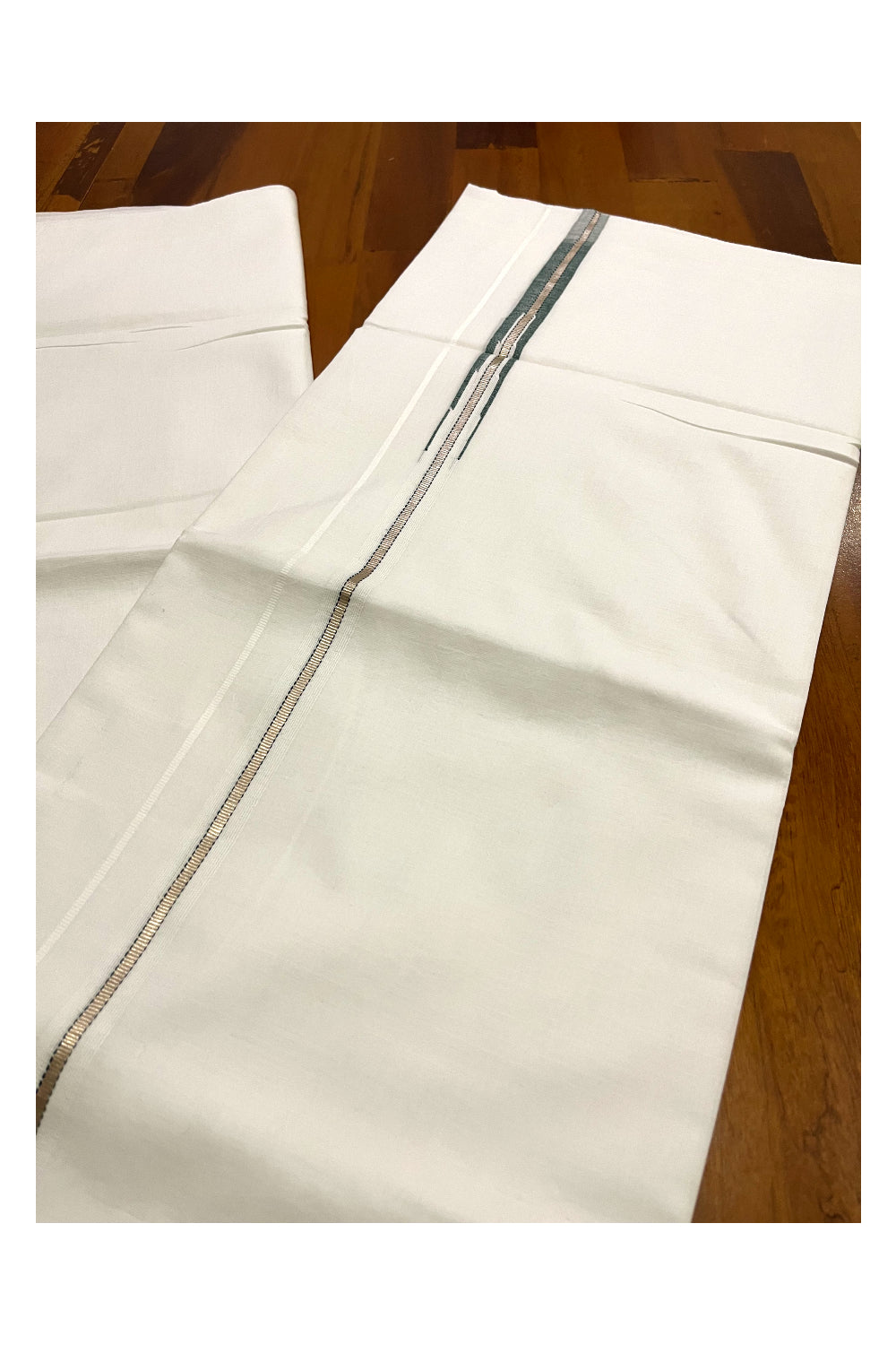 Pure White Cotton Double Mundu with Silver Kasavu Border and Green Chutti Work (South Indian Kerala Dhoti)