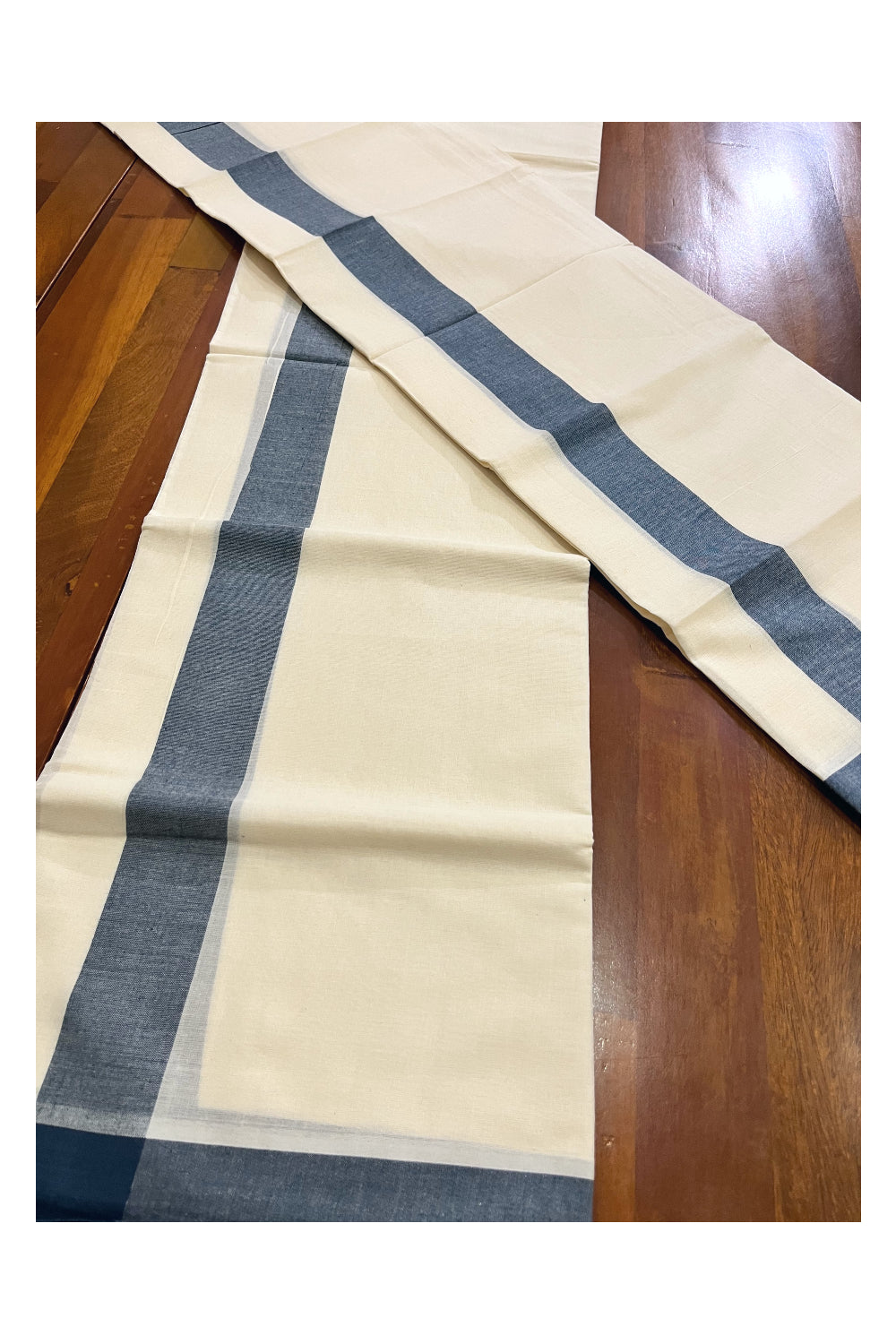 Kerala Mulloth Cotton Single Mundum Neriyathum with Bluish Grey Border (Extra Soft Cotton)