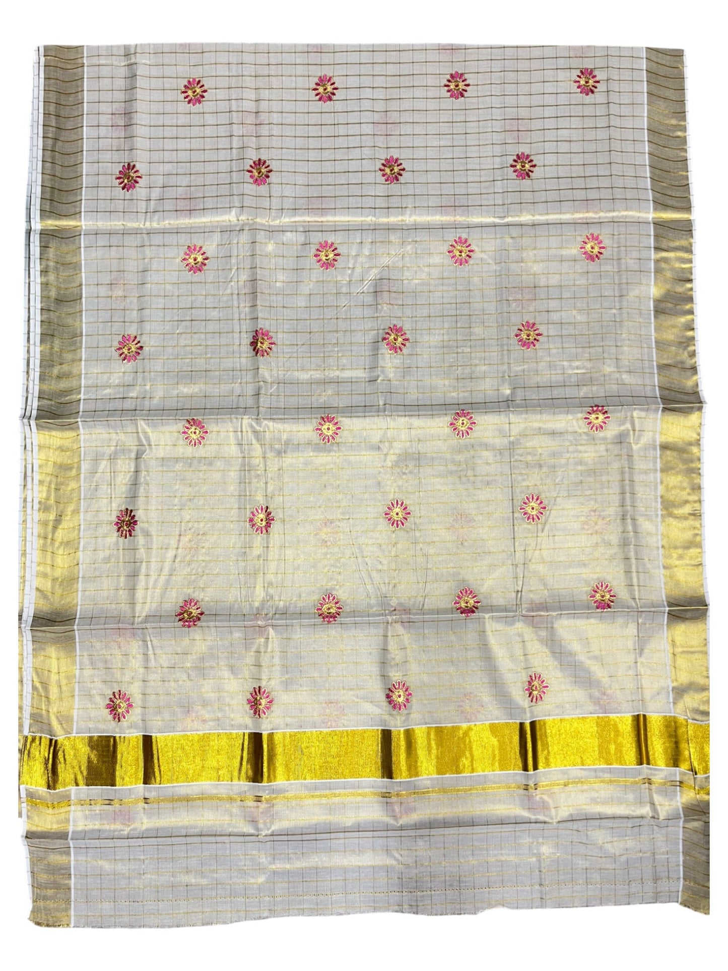 Southloom Tissue Kerala Kasavu Check Saree with Floral Embroidery Design in Pink