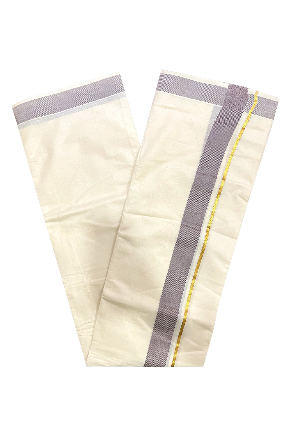 Pure Cotton Mundu with Brown Lines and Kasavu Border (South Indian Kerala Dhoti)