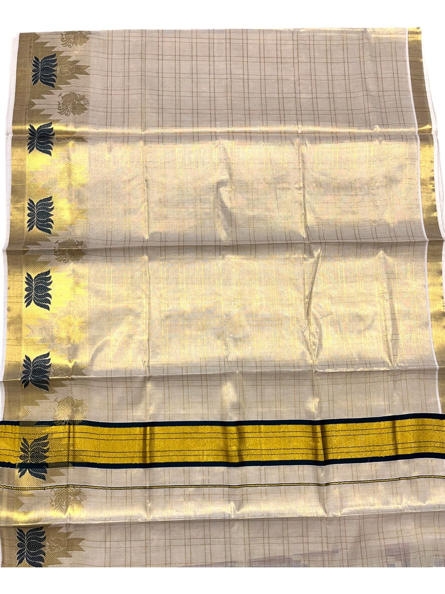 Southloom Tissue Check Kerala Kasavu Saree with Lotus Design And Green Border