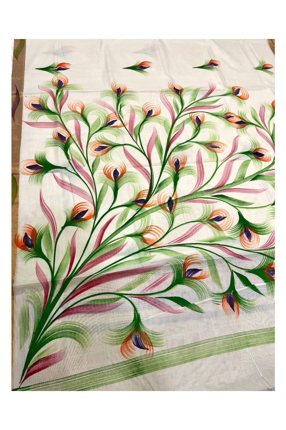 Kerala Cotton Kasavu Saree with Brush Painted Floral Designs