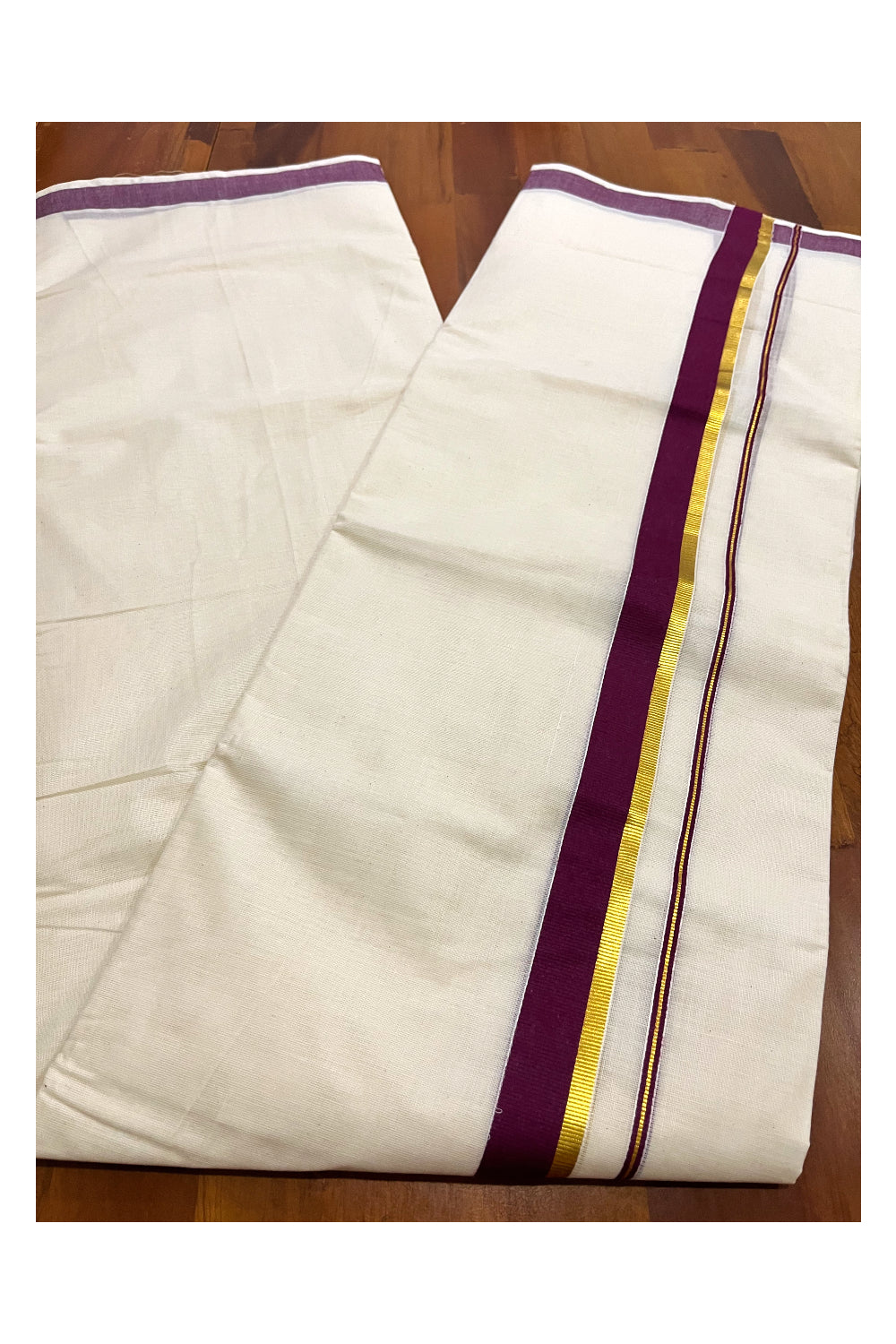 Pure Cotton Mundu with Purple and Kasavu Border (South Indian Kerala Dhoti)