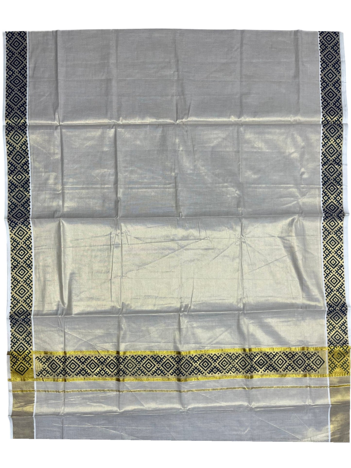 Southloom Kerala Tissue Kasavu Plain Saree Blue Hand Printed SL350