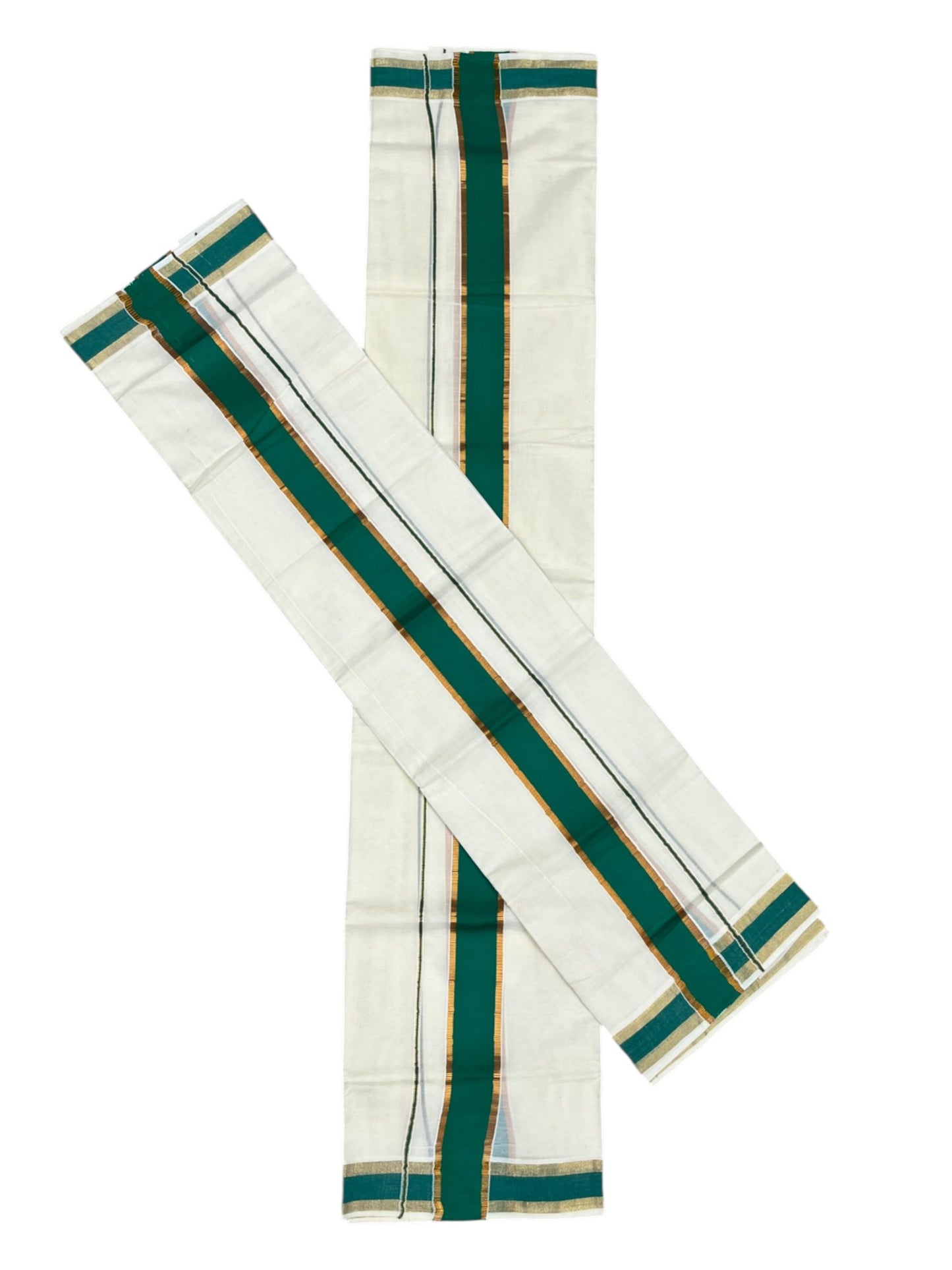 Kerala Cotton Single Set Mundu (Mundum Neriyathum) with Kasavu and  Green Border in 2.80 Mtrs