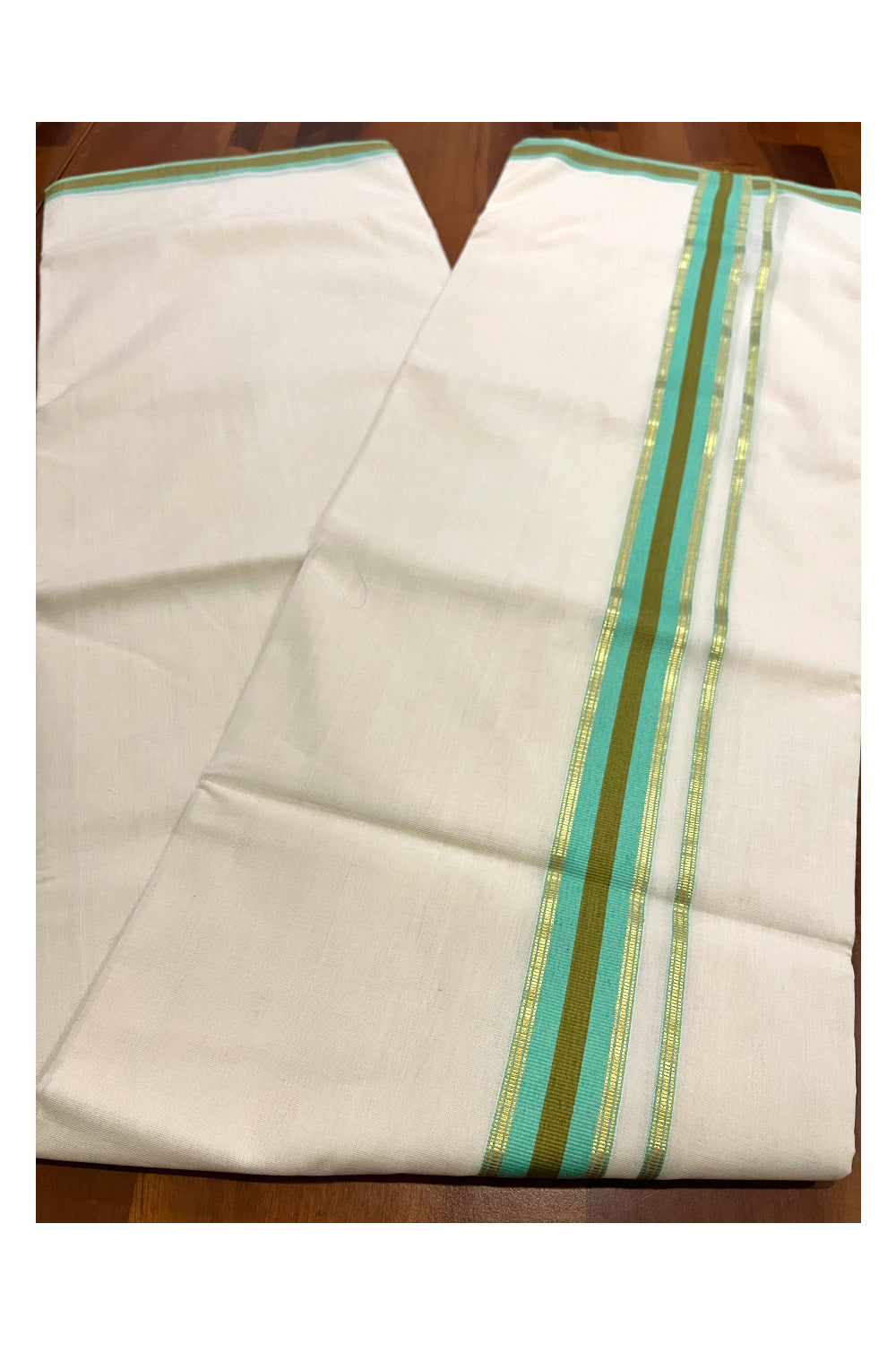 Southloom Premium Balaramapuram Unakkupaavu Handloom Kasavu Mundu with Turquoise and Olive Green Border (South Indian Kerala Dhoti)