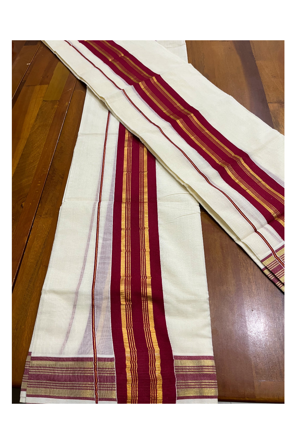 Southloom Kerala Cotton Set Mundu (Mundum Neriyathum) with Maroon and Kasavu Border 2.80 Mtrs SLKK
