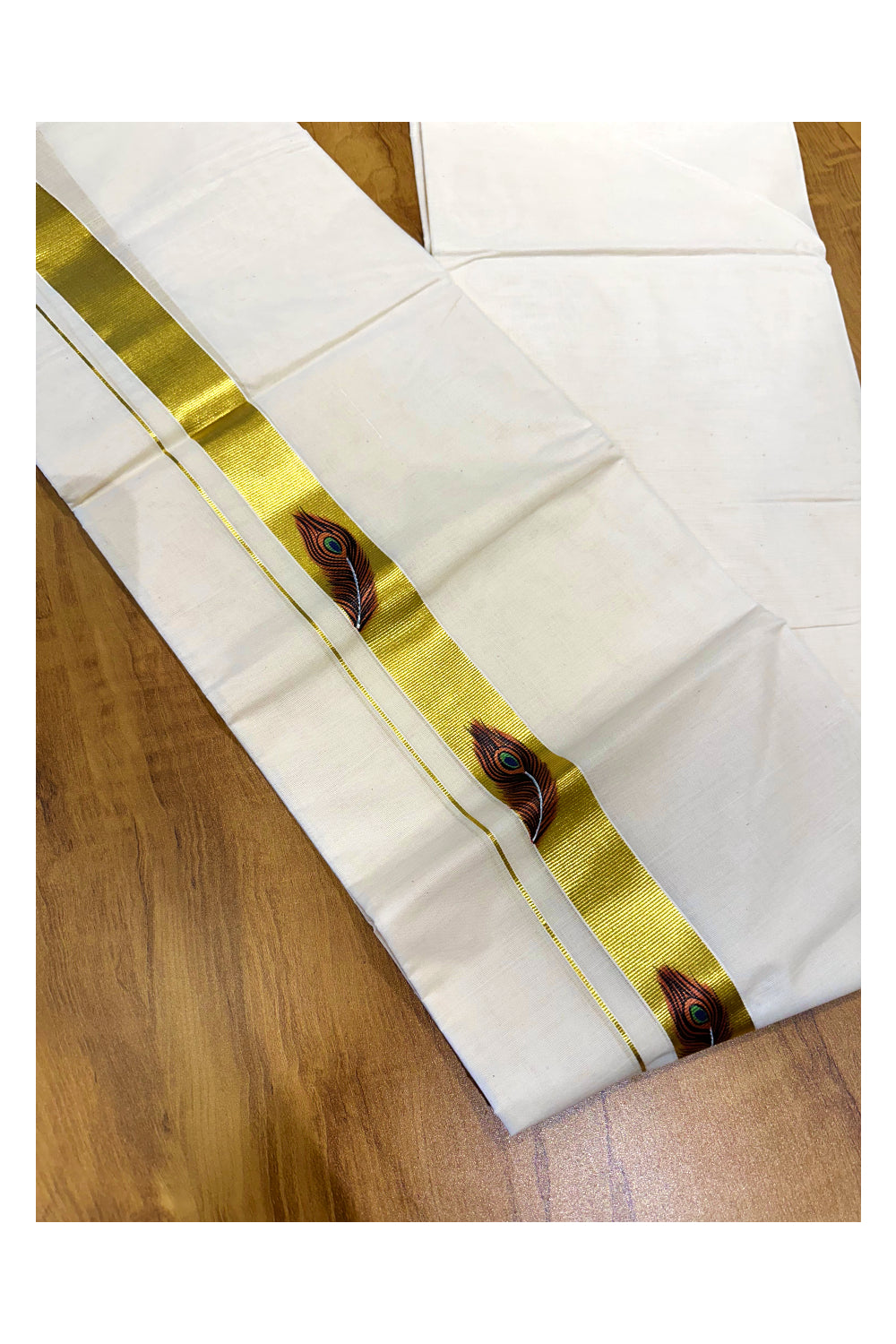 Off White Pure Cotton Double Mundu with Feather Mural Painted Design on Kasavu Kara (South Indian Dhoti)