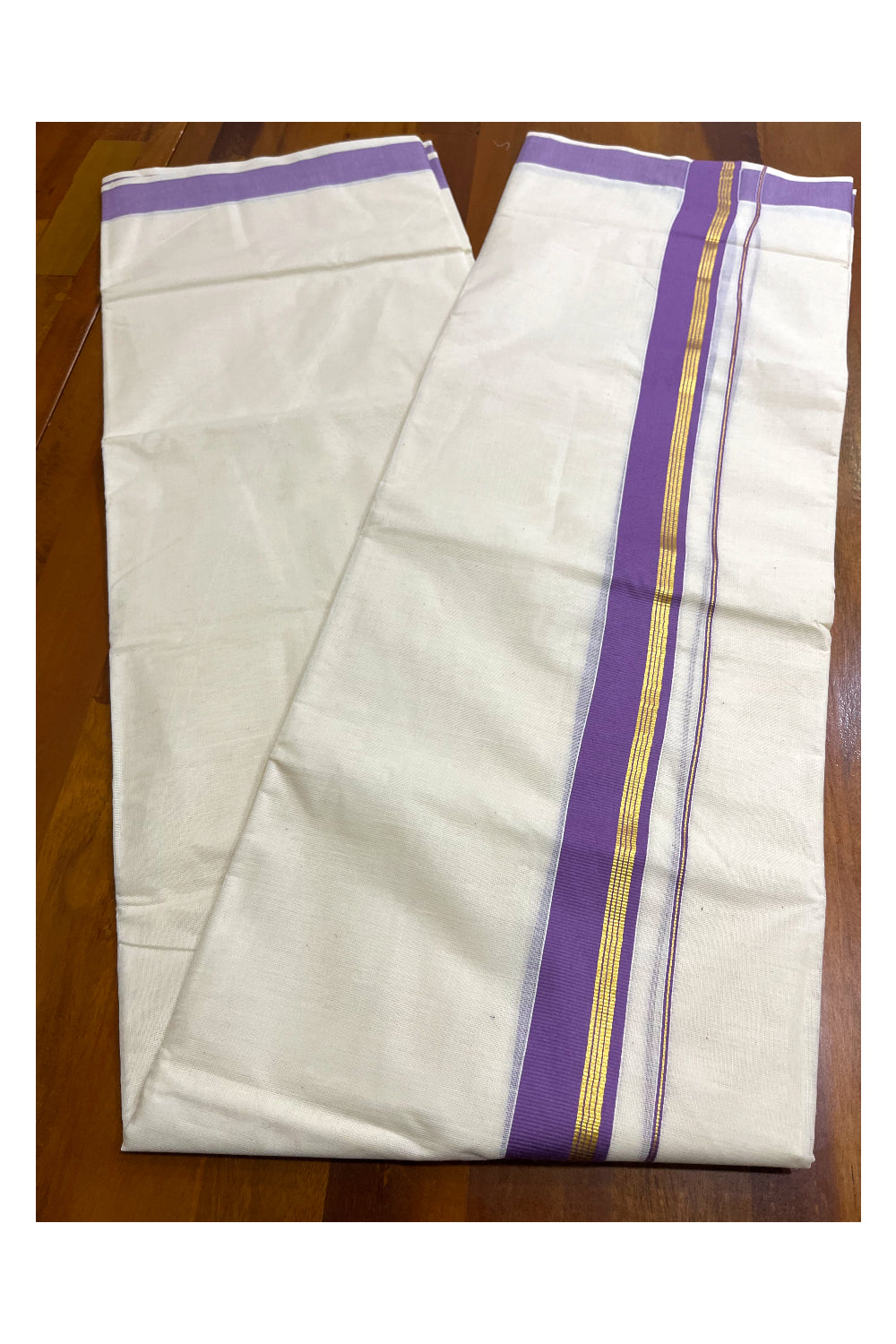 Kerala Pure Cotton Double Mundu with Violet and Kasavu Border (South Indian Kerala Dhoti)