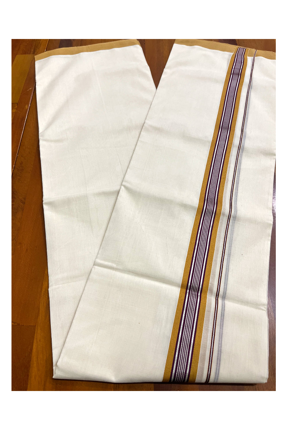 Premium Balaramapuram Handloom Unakkupaavu Cotton Double Mundu with Silver Kasavu Yellow and Purple Border (Onam 2024 Collection)