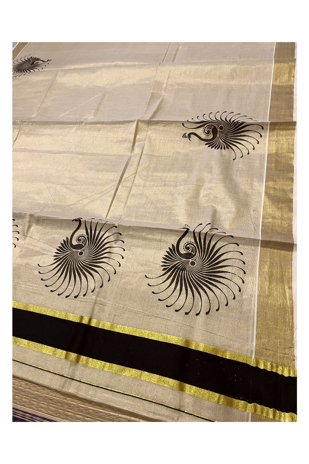 Kerala Tissue Kasavu Saree with Black Block Prints and Kasavu Border