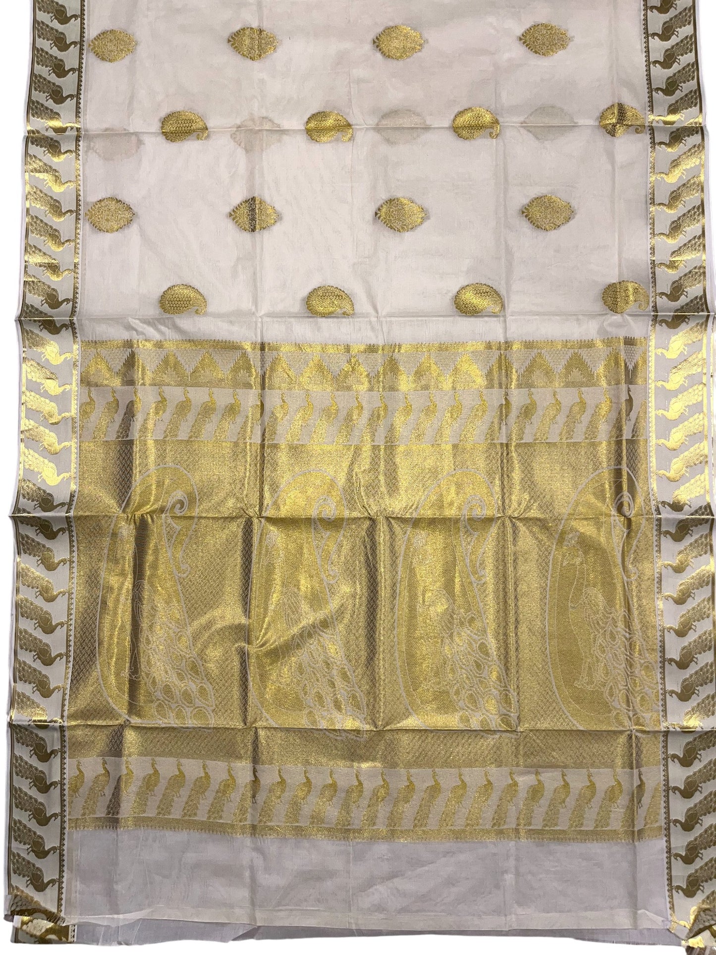Southloom Cotton Kasavu Replica Saree with Golden Works Across Body and Kasavu Border