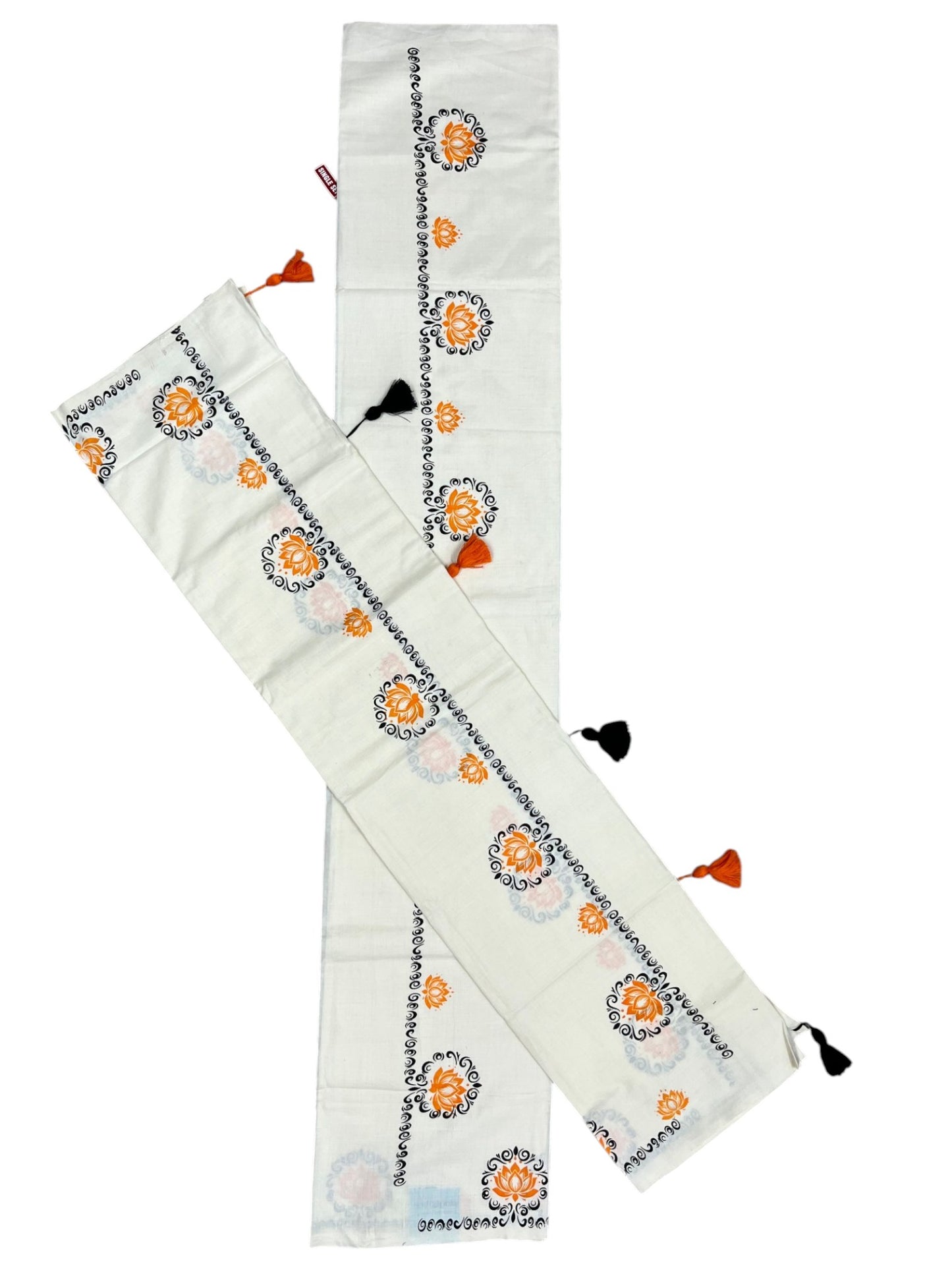 Southloom Kerala Cotton Single Set Mundu (Mundum Neriyathum) with Orange&Black Lotus Block Printed Design