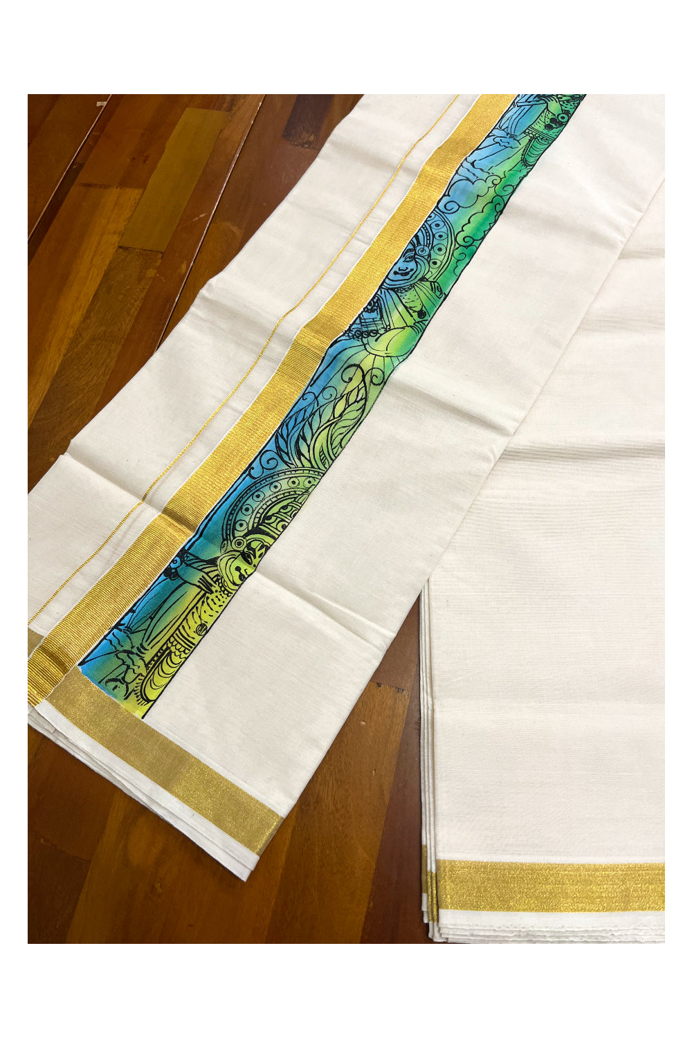 Kerala Pure Cotton Double Mundu with Kathakali Mural Hand Painted Design on Kasavu Border (South Indian Kerala Dhoti)