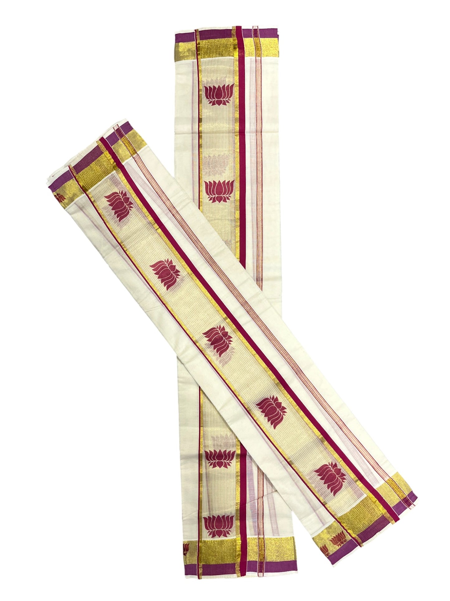 Southloom Kerala Cotton Kasavu  Set Mundu (Mundum Neriyathum) with Pink Lotus Prints