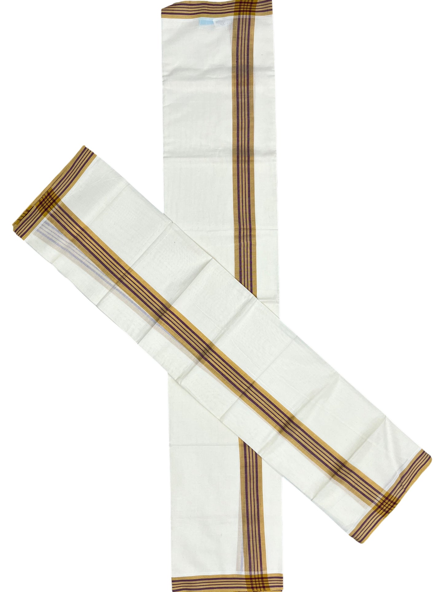 Southloom Pure Cotton Kerala Single Mulloth Set Mundu (Mundum Neriyathum) Mustard Yellow And Purple Border in 2.80 mtrs