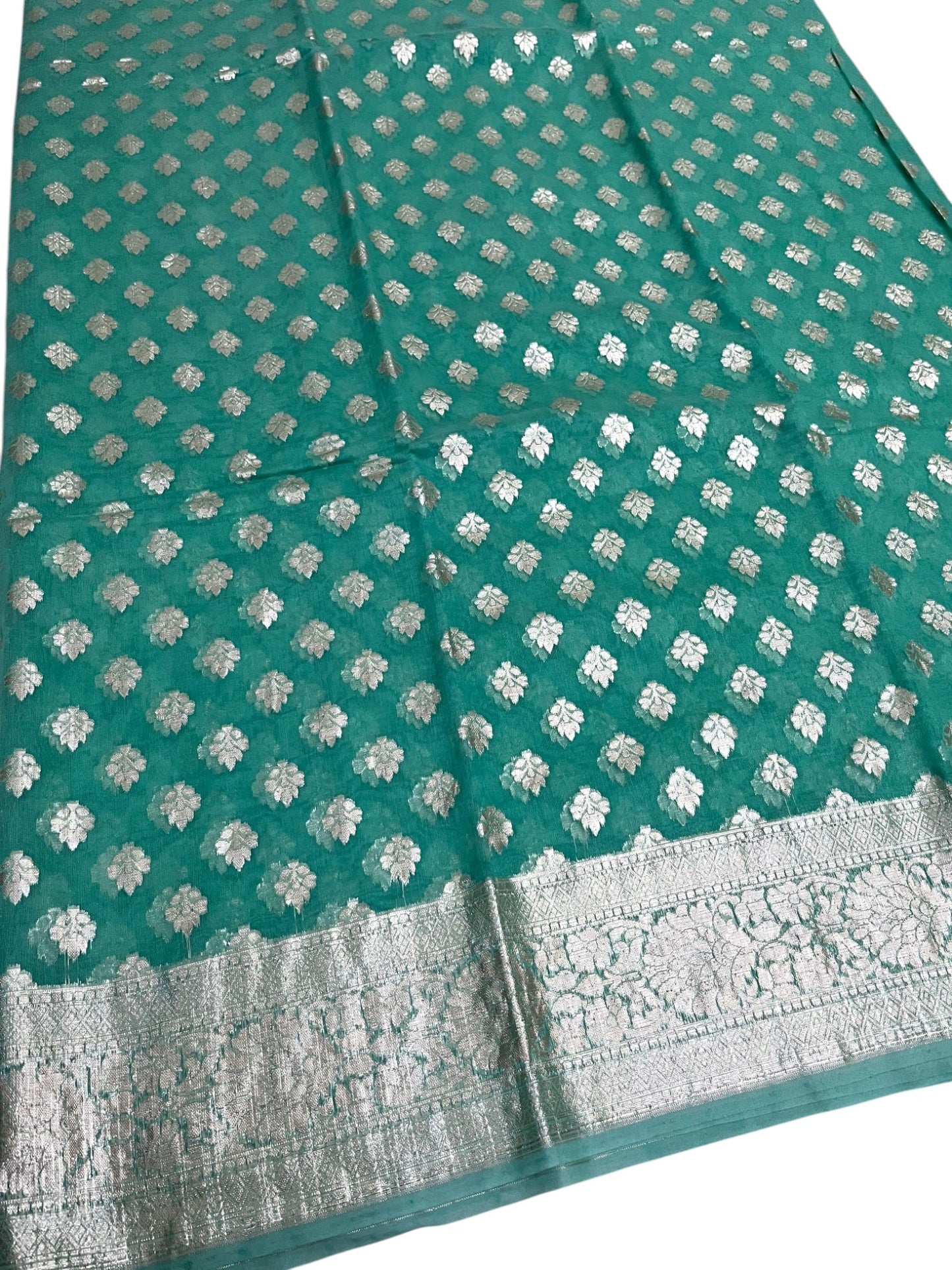 Southloom Cotton Banarasi Silk Saree with Woven Work on Body and Borders (Green)