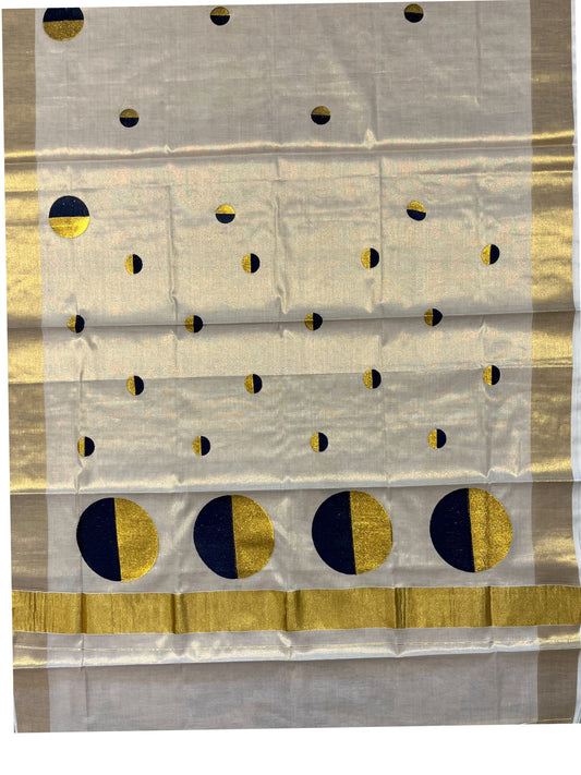 Southloom Kerala Tissue Kasavu Saree With Blue Polka Dots Embroidery on Body