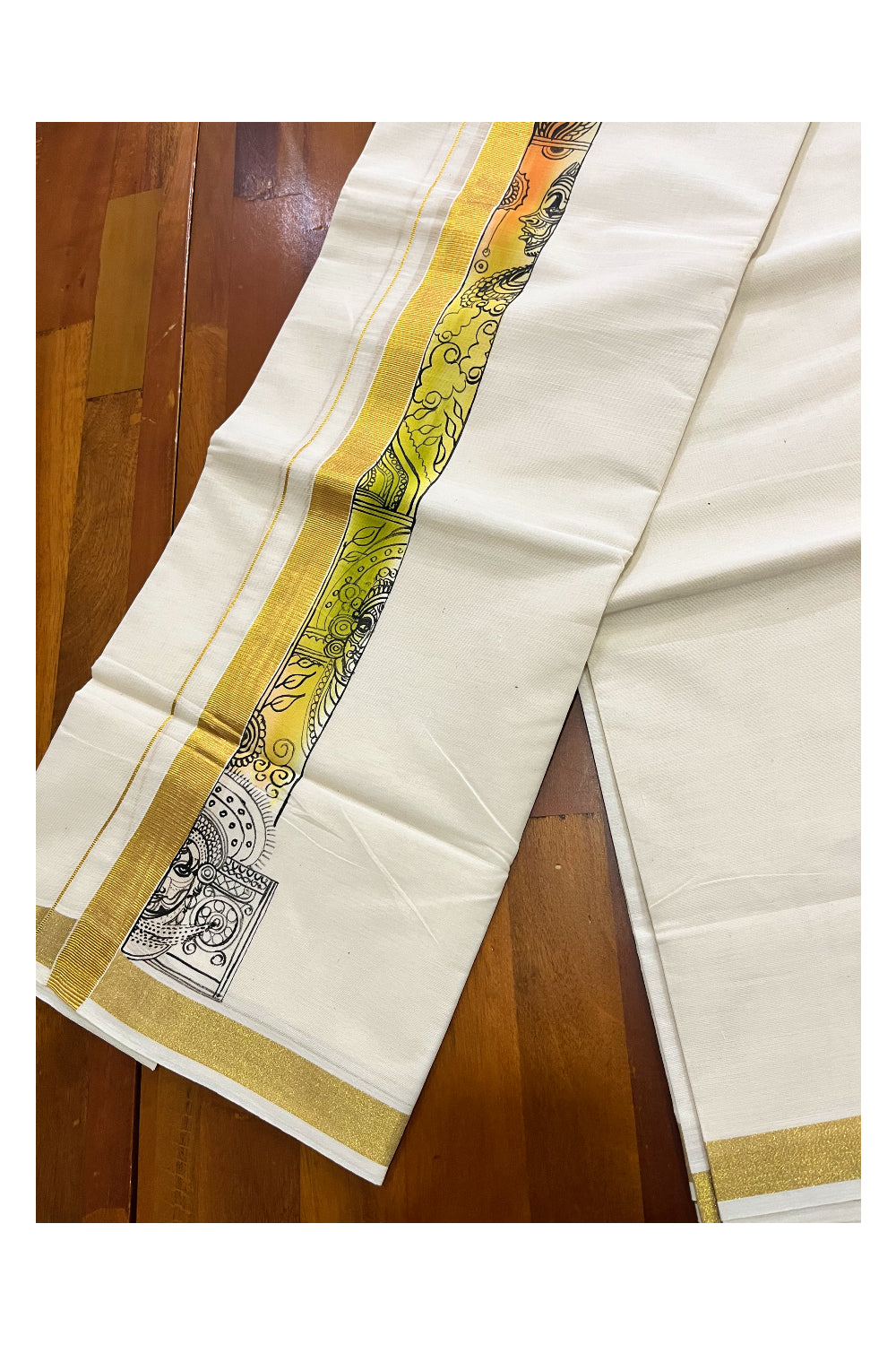 Pure Cotton Kerala Double Mundu with Kathakali Hand Painted Designs on Kasavu Border (Vishu Collection 2024)