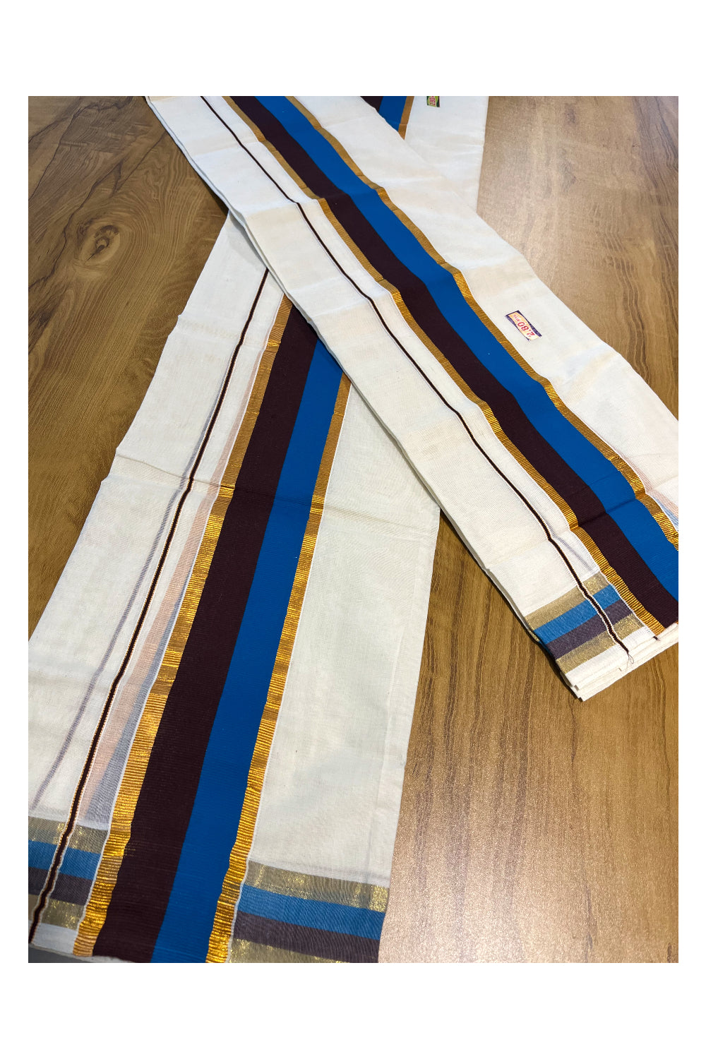 Kerala Cotton Kasavu Set Mundu (Mundum Neriyathum) with Blue and Brown Border 2.80 Mtrs