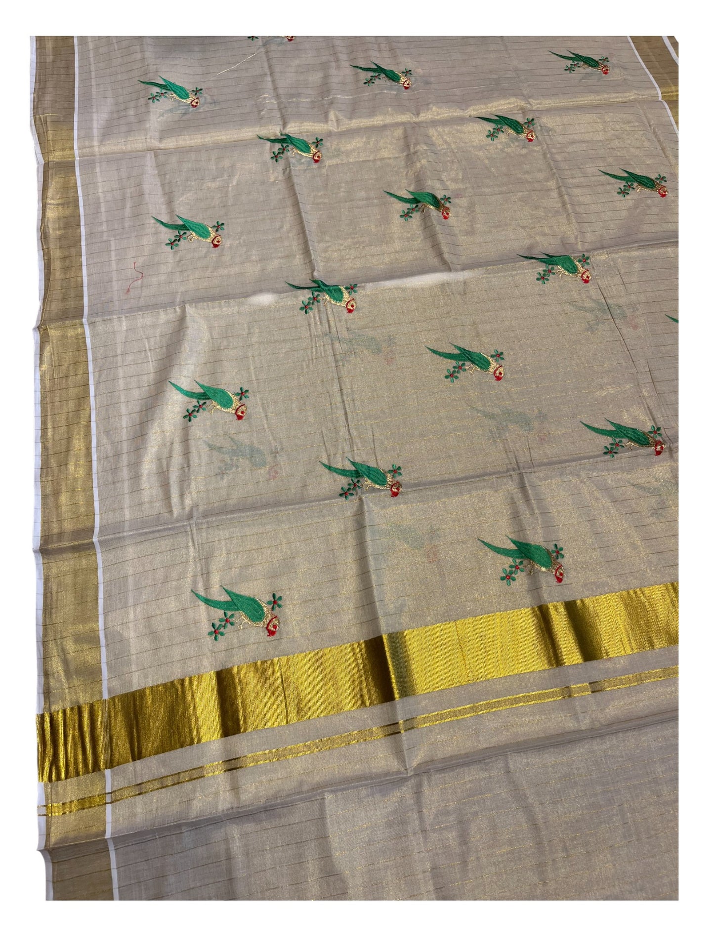 Southloom Kerala Tissu Kasavu Saree with Parrot Embroidery Works