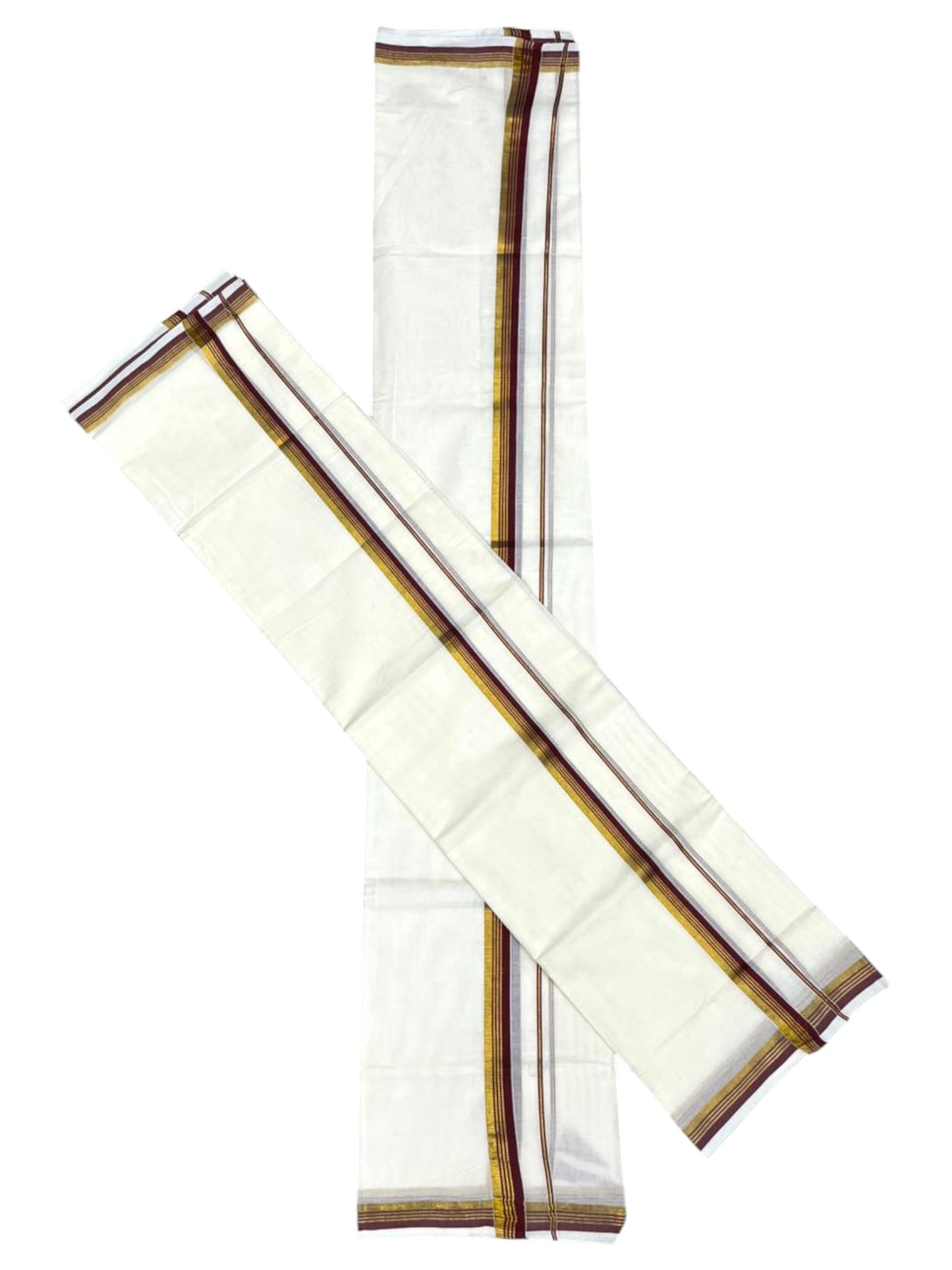 Pure Cotton Kerala Single Set Mundu (Mundum Neriyathum) with Maroon Kasavu Border in 2.80 Mtrs
