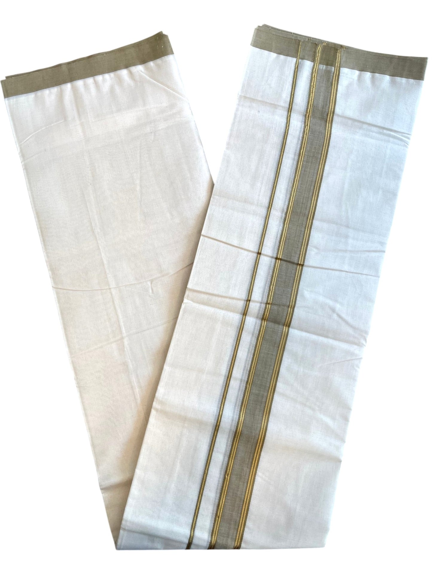 Southloom Pure Cotton Mundu with Golden Lines and Olive Green Border (South Indian Kerala Dhoti)