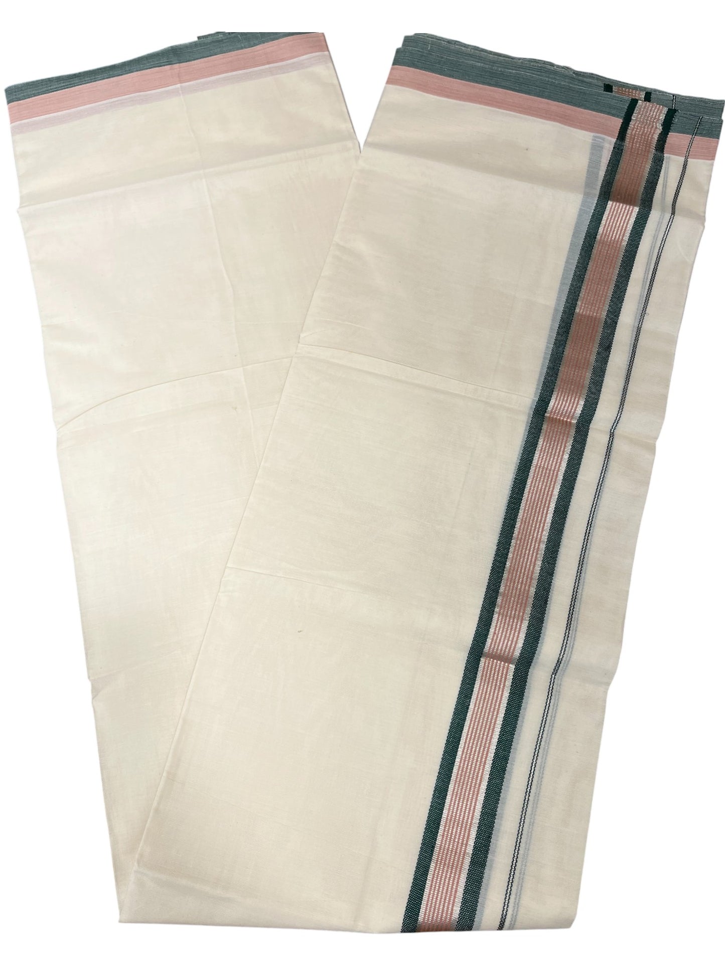 Southloom Kerala Pure Cotton Double Mundu with Green And Peach Silver Lines Border (South Indian Dhoti)