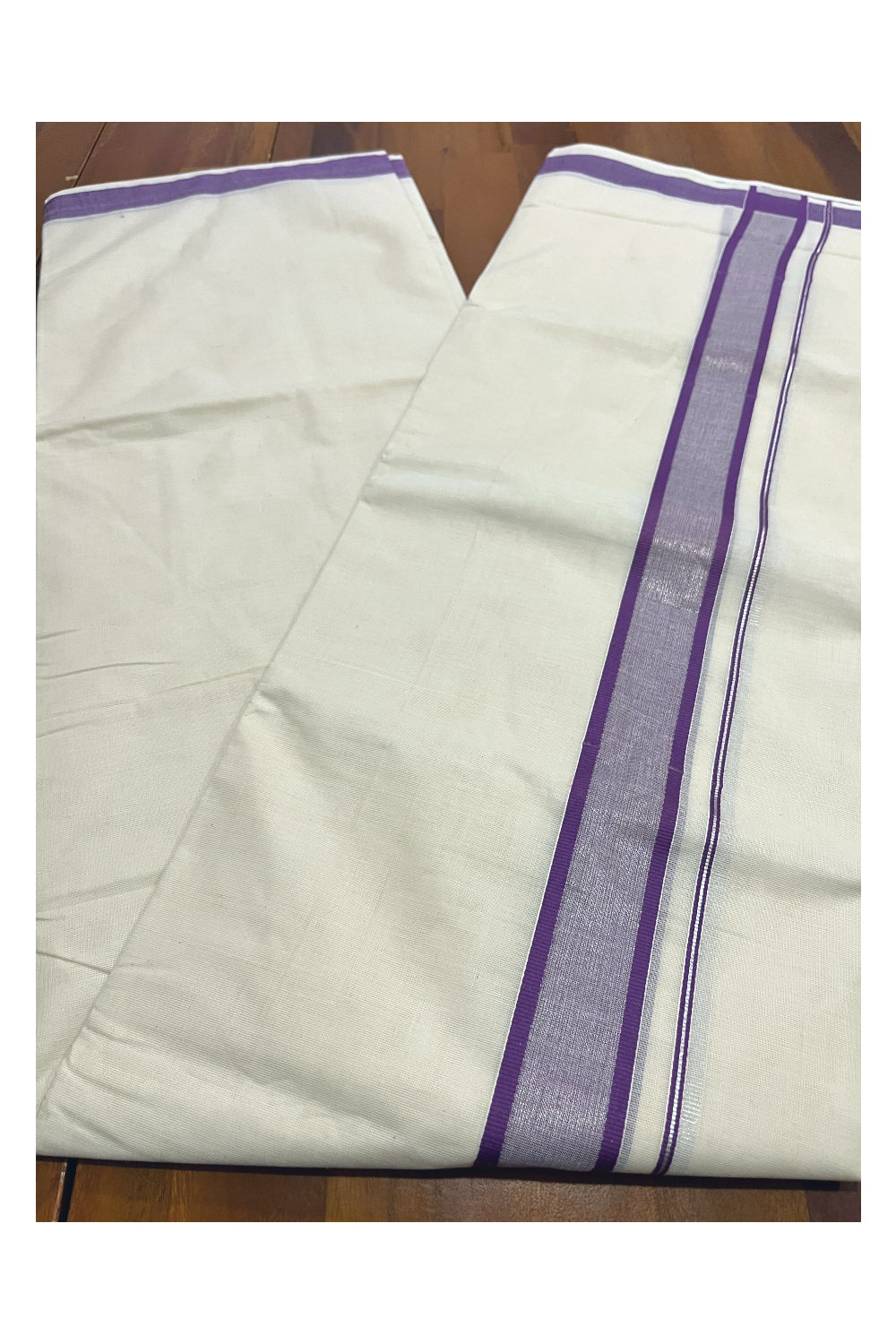 Pure Cotton Off White Double Mundu with Silver Kasavu and Violet Border (South Indian Dhoti)