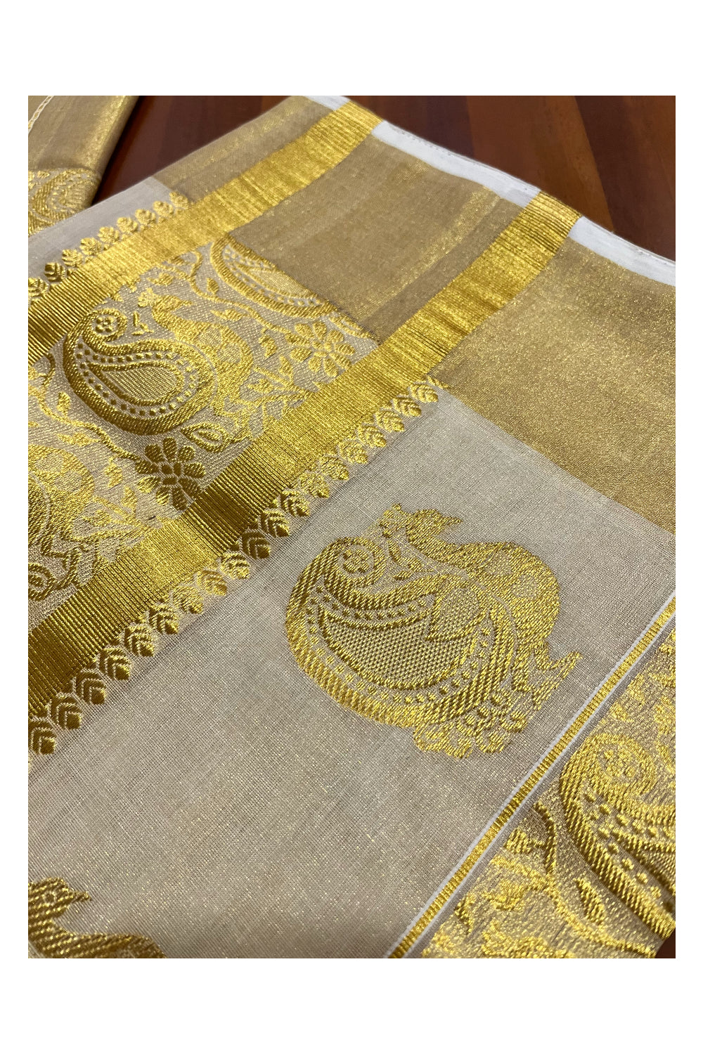 Southloom™ Original Handloom Kasavu Tissue Handwoven Peacock Heavy Work Saree