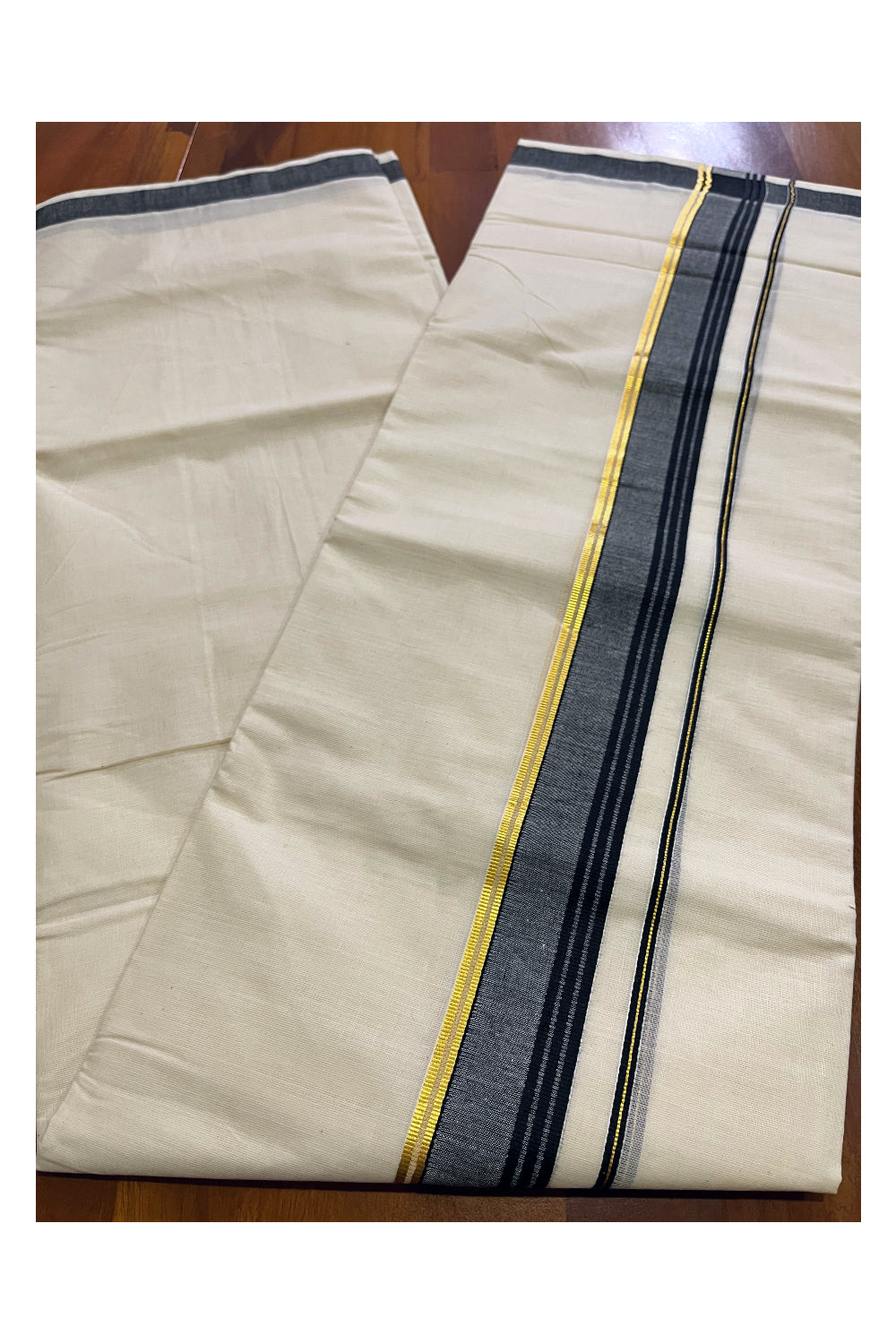 Off White Kerala Cotton Double Mundu with Kasavu and Black Border (South Indian Kerala Dhoti)