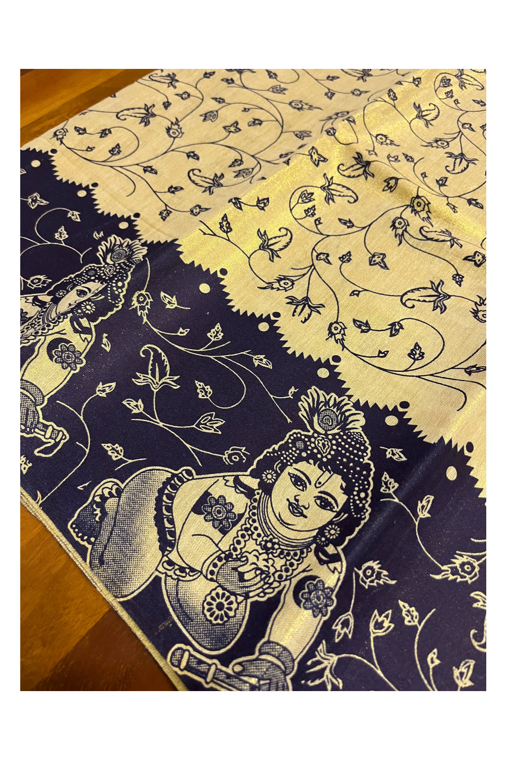 Kerala Tissue Block Printed Pavada and Dark Blue Designer Blouse Material for Kids/Girls 4.3 Meters