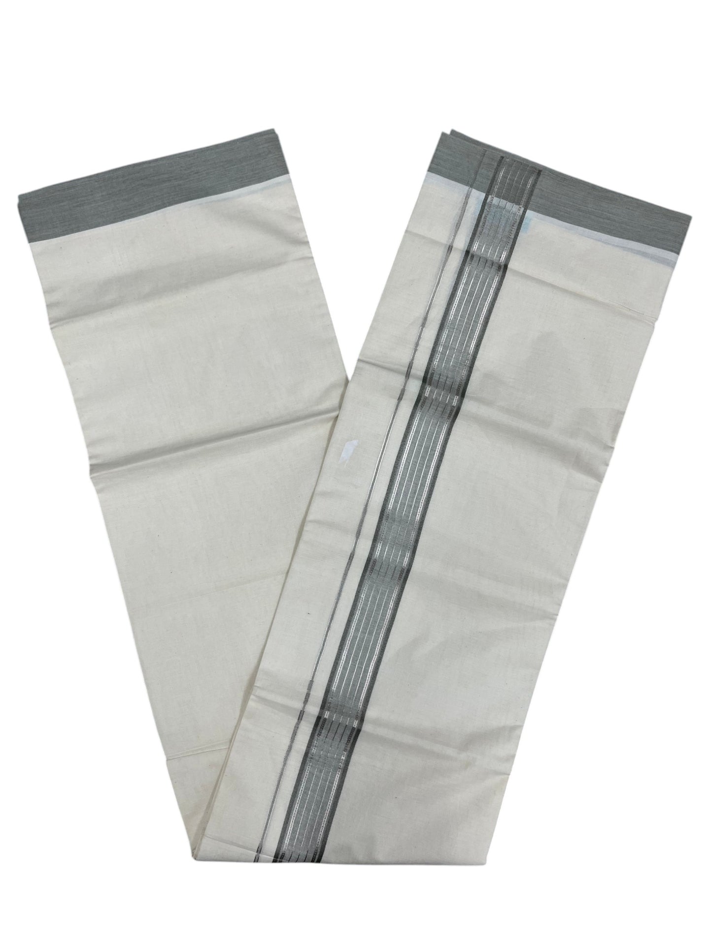 Southloom Kerala Pure Cotton Double Mundu with Silver Lines and Grey Border with (South Indian Dhoti)