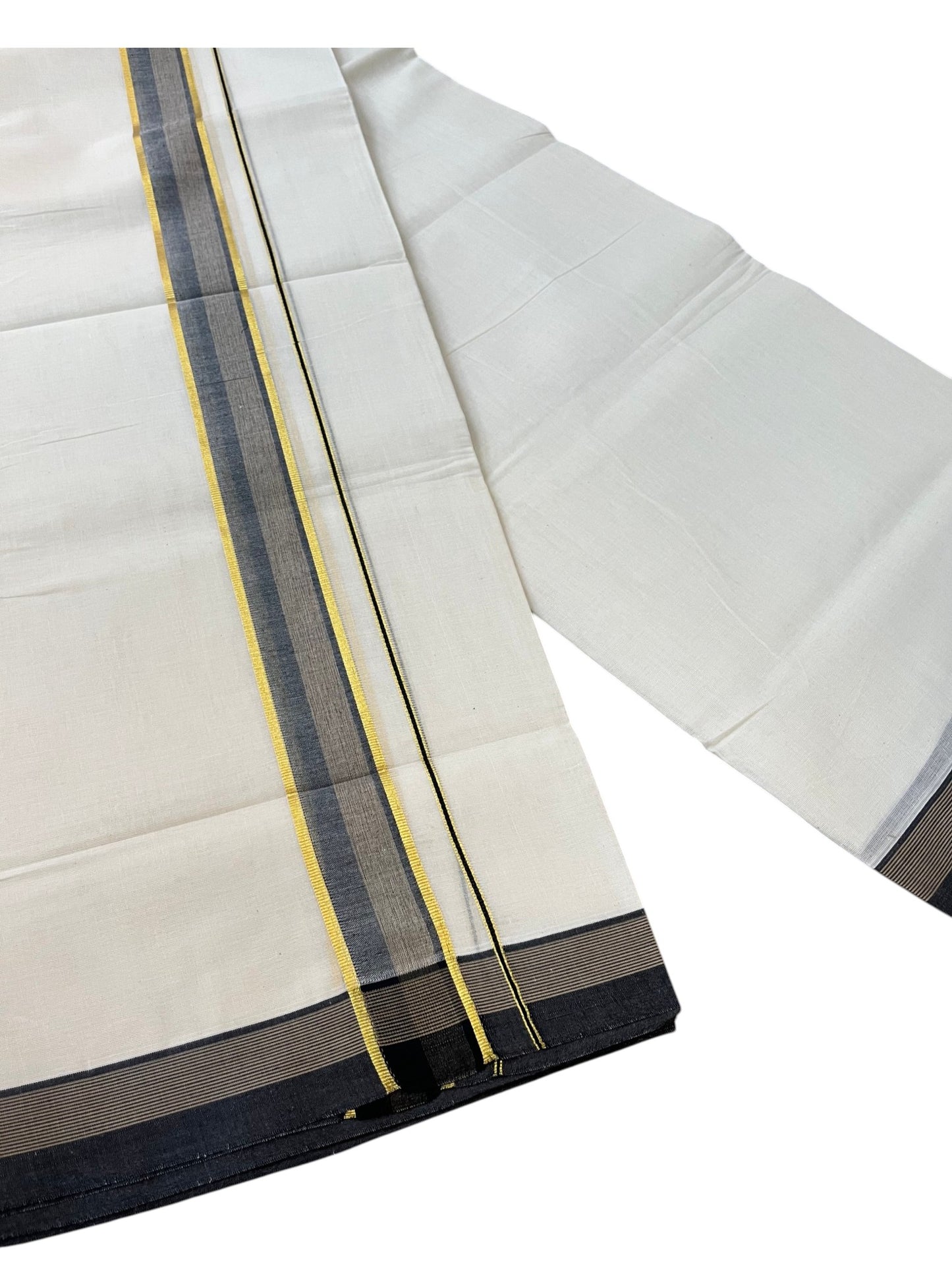Southloom Pure Cotton Mundu with Golden Lines and Black Border (South Indian Kerala Dhoti)