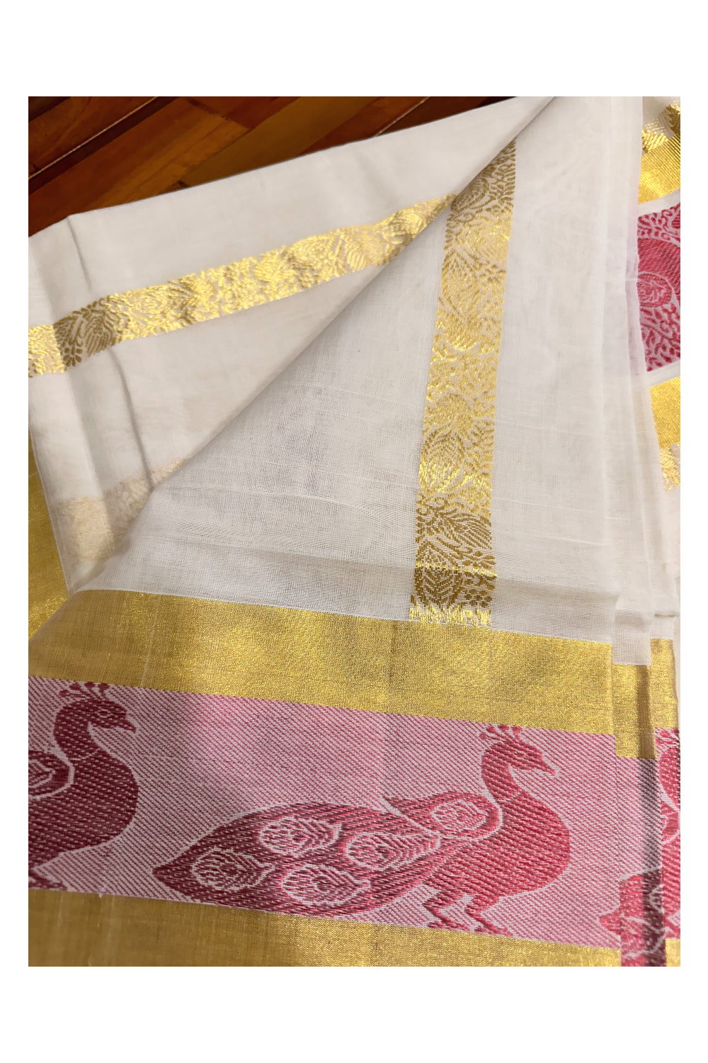 Southloom™ Premium Handloom Cotton Kasavu Saree with Copper Peacock Design Woven on Pallu and Border