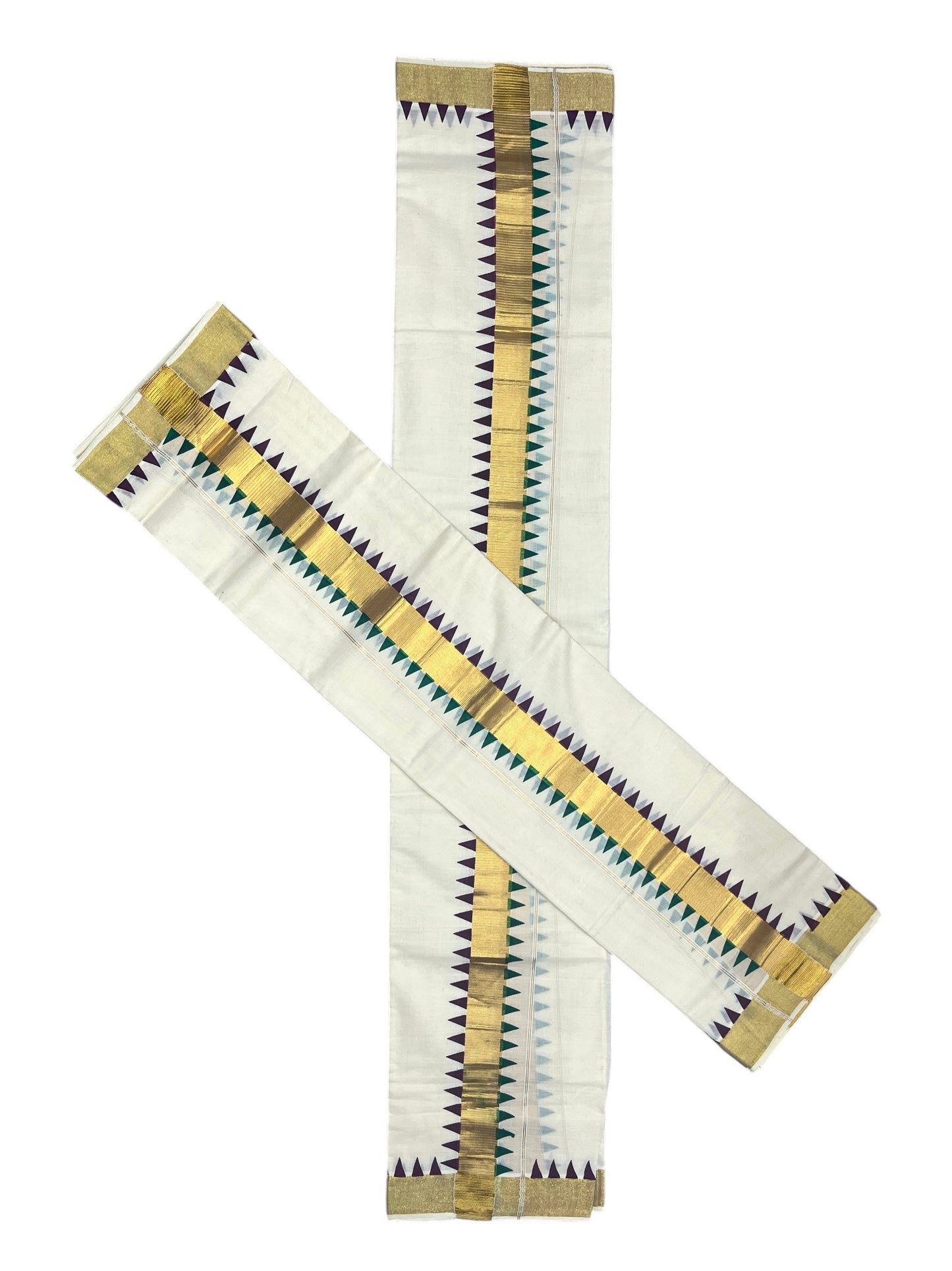 Southloom Kerala Cotton Kasavu Single Set Mundu (Mundum Neriyathum) with purple And Green Temple Design Border SLKK