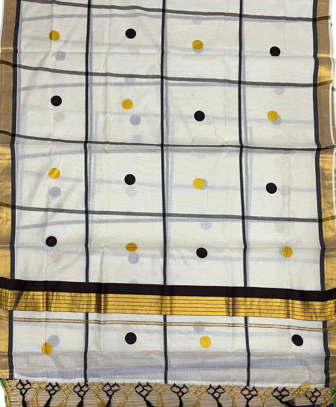 Southloom Kerala Cotton Kasavu Saree with Brown & Gold Polka Works on Body