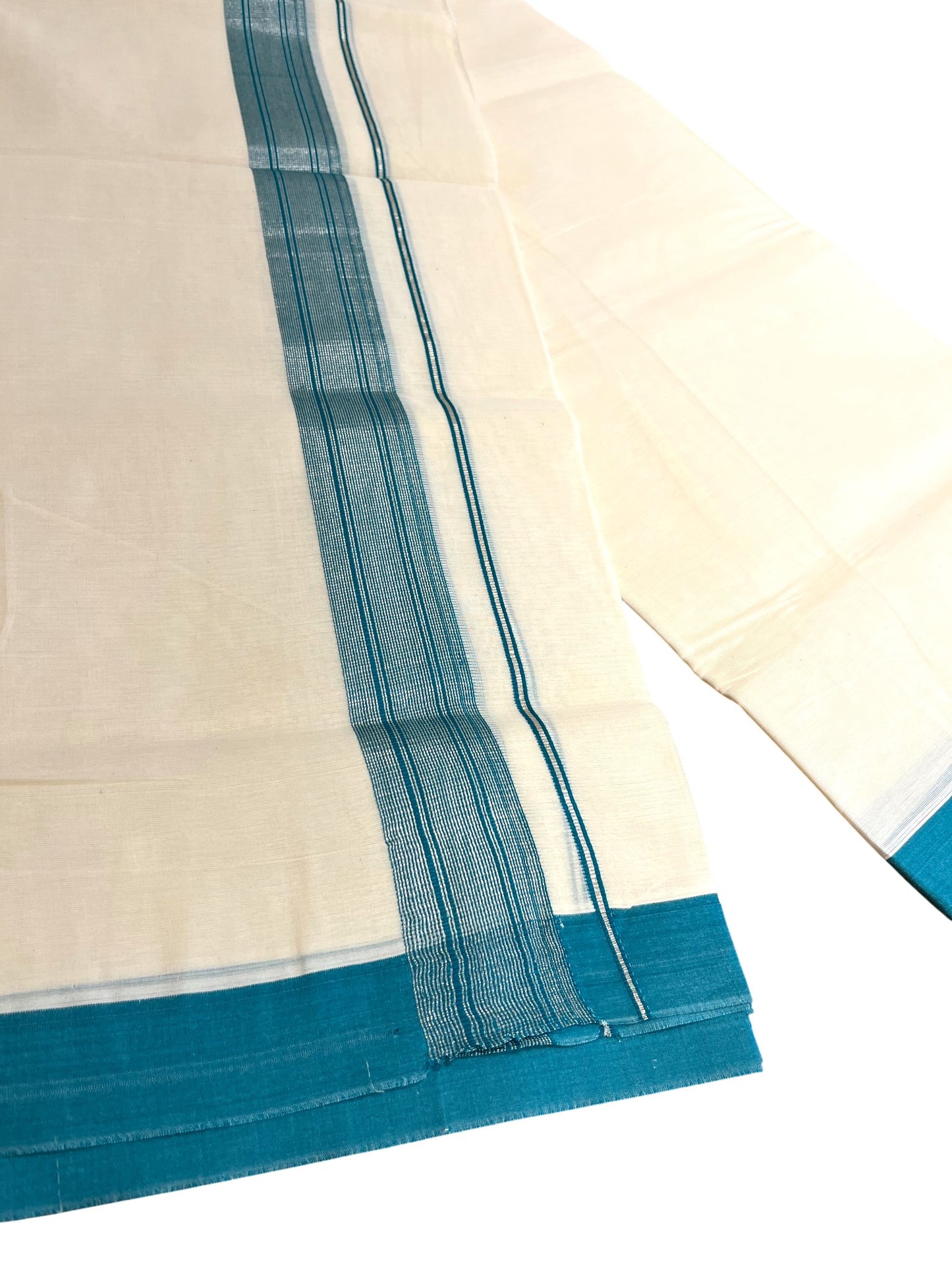 Southloom Kerala Pure Cotton Double Mundu with Silver Lines & Green Border (South Indian Dhoti)