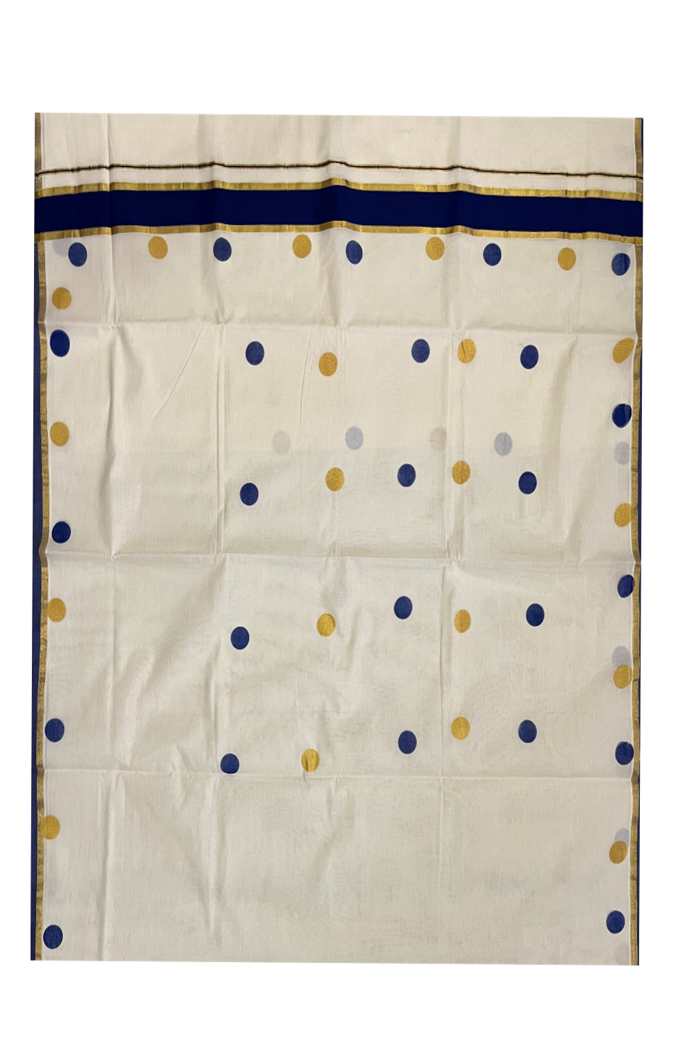 Pure Cotton Kerala Kasavu Saree with Golden and Blue Polka Prints on Body