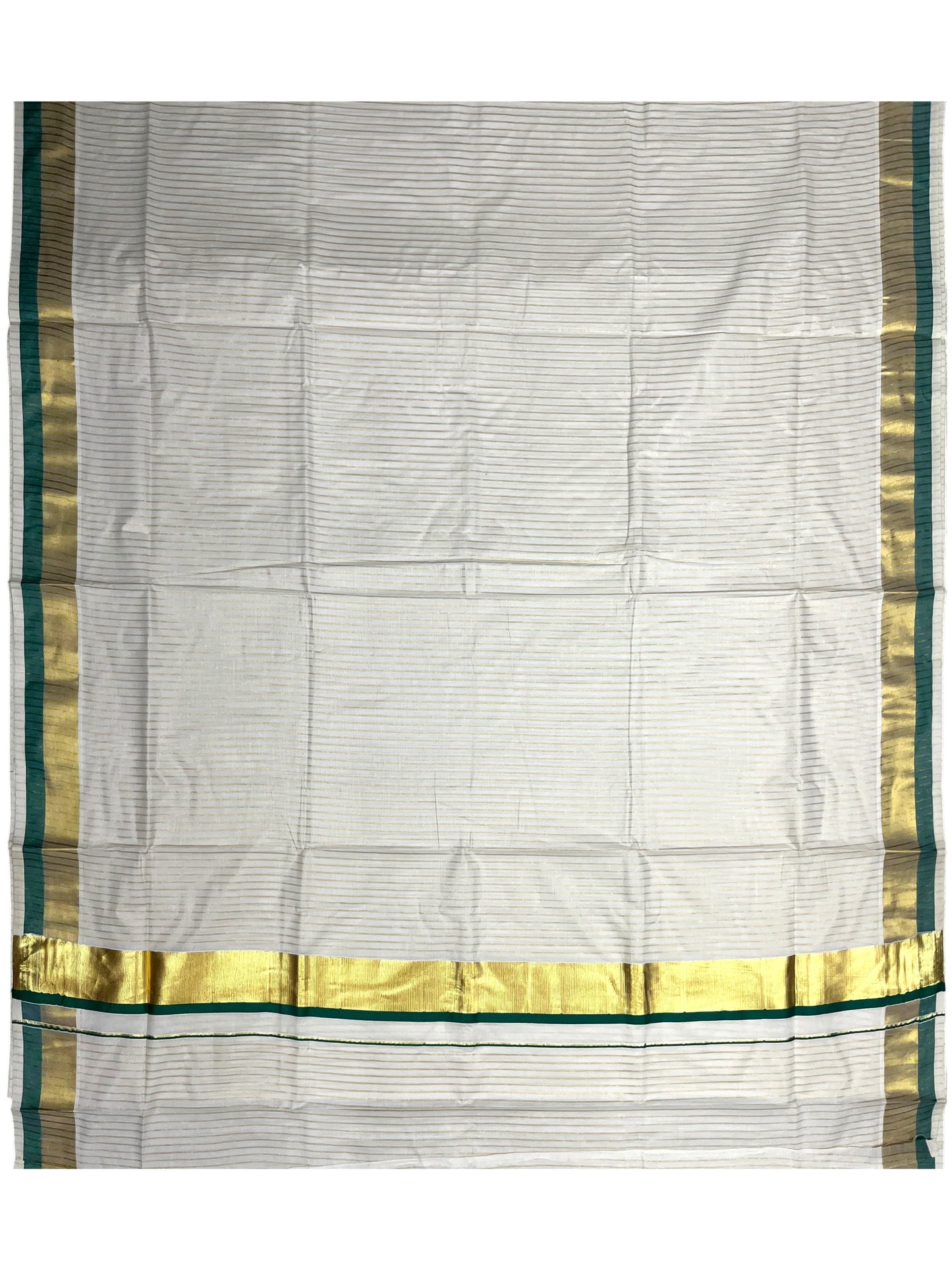 Southloom Pure Cotton Kerala Saree with Gold Kasavu Lines Across Body and  Green Border