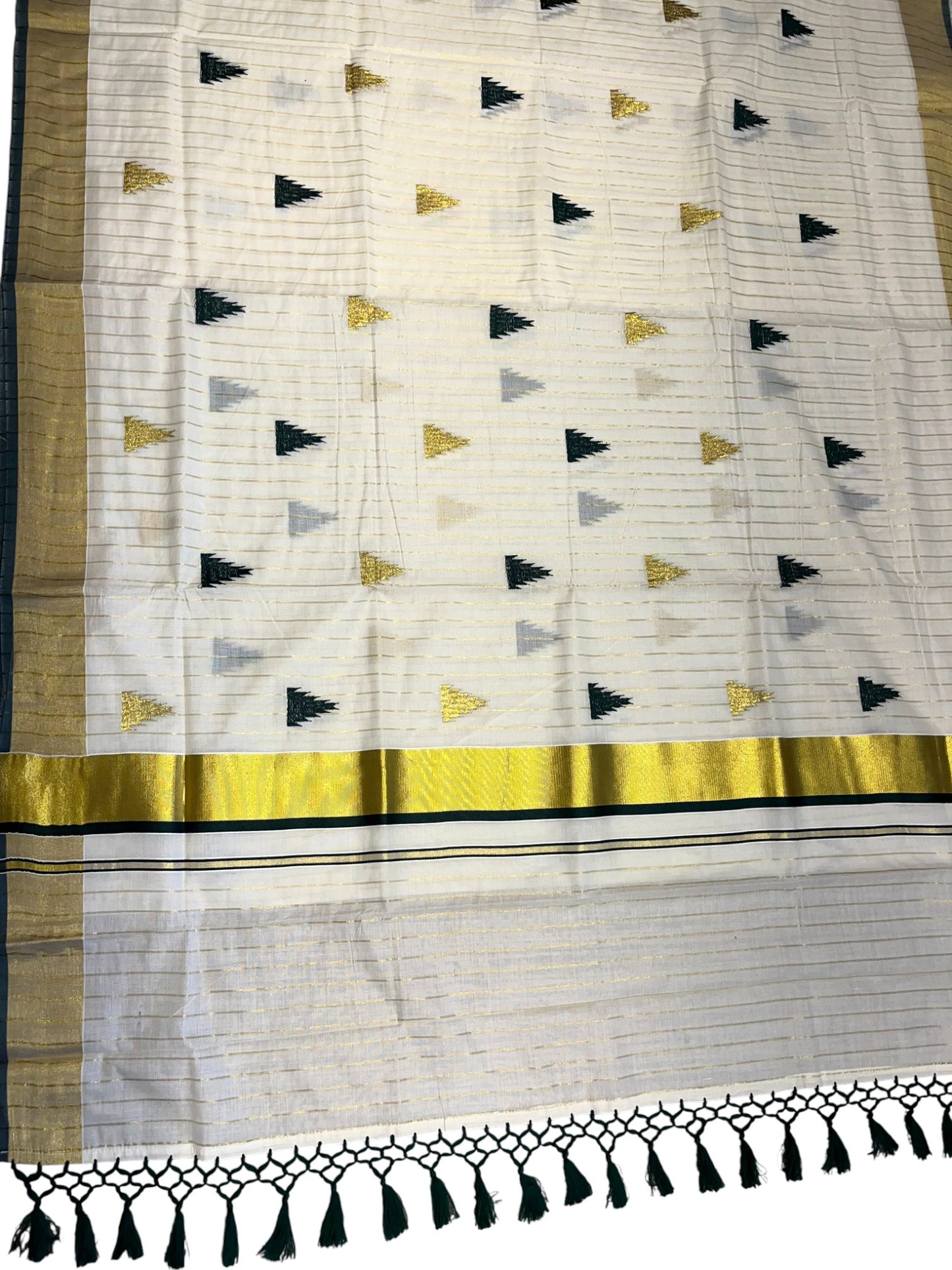 Kerala Cotton Kasavu Stripes Saree with Green and Gold Temple Embroidery Design on Body