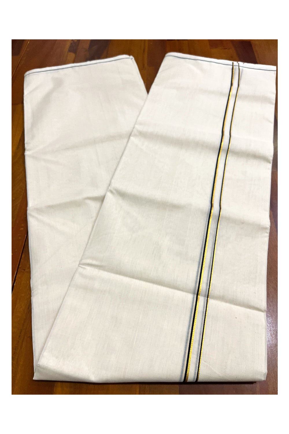 Premium Balaramapuram Handloom Unakkupaavu Cotton Double Mundu with Black and Kasavu Thin Border (Onam 2024 Collection)