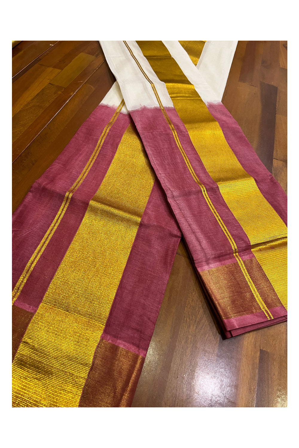 Southloom Tie & Dye - Half & Half  Multi Colour Maroon Design Set Mundu (Mundum Neriyathum) with Super Soft Cotton