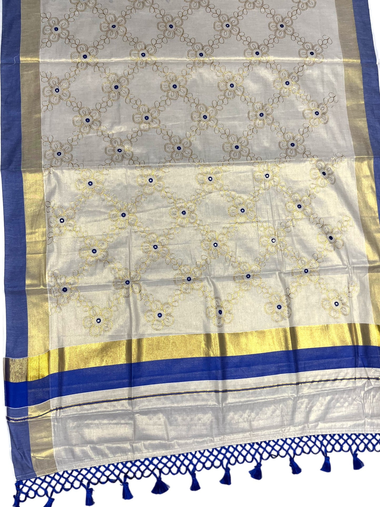 Kerala Tissue Kasavu Stripes Saree with Gold and Blue Floral Embroidery Design on Body SL269