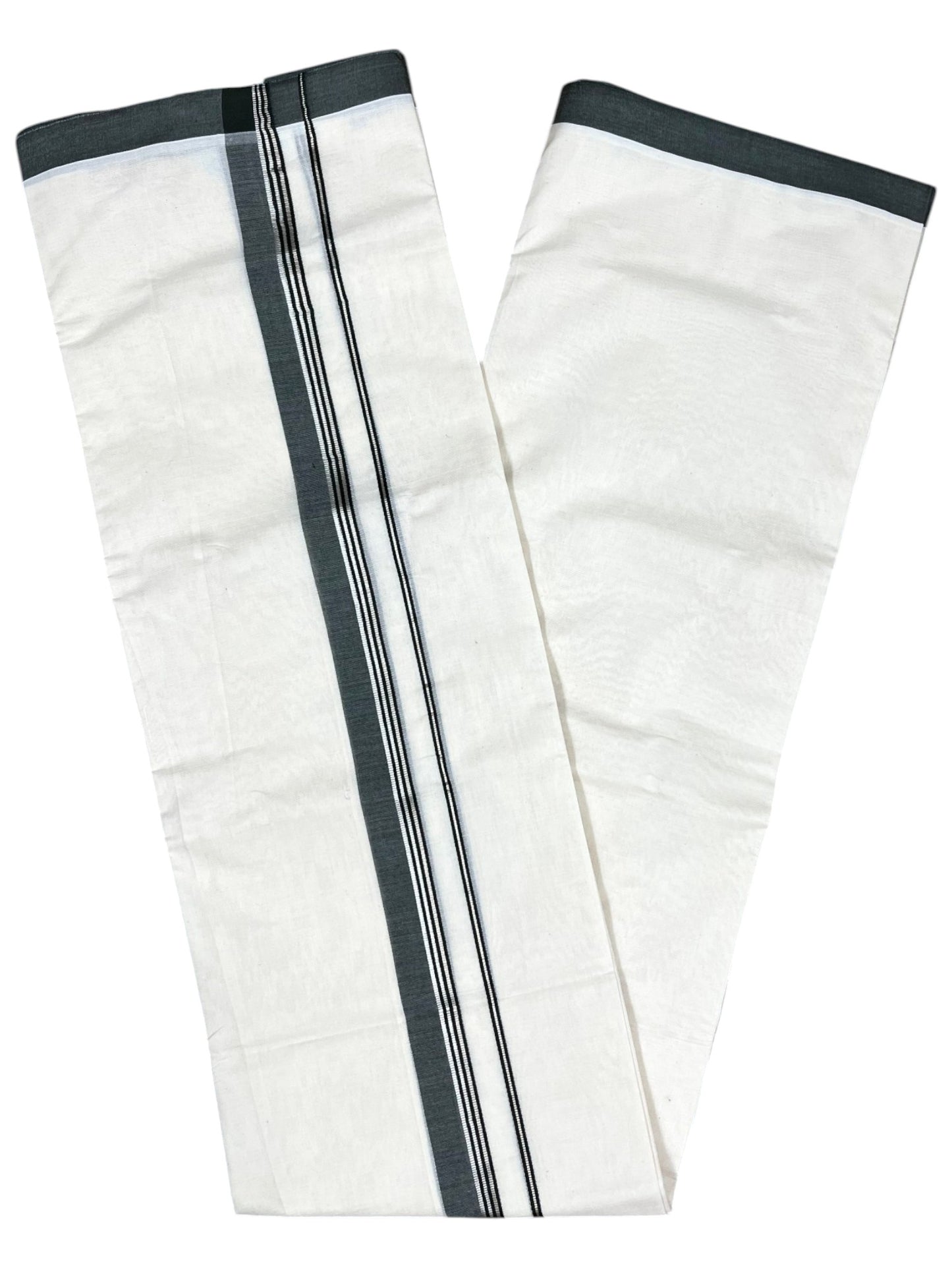 Southloom Pure Cotton Mundu with Silver Lines and Green Border (South Indian Kerala Dhoti)
