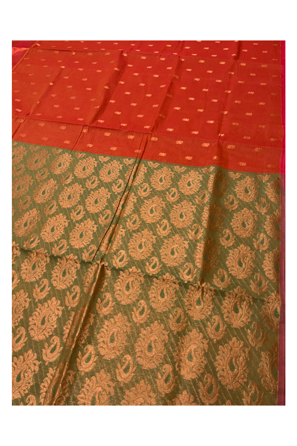 Southloom Cotto Brick Red Saree with Woven Butta Works on Body and Olive Green Pallu