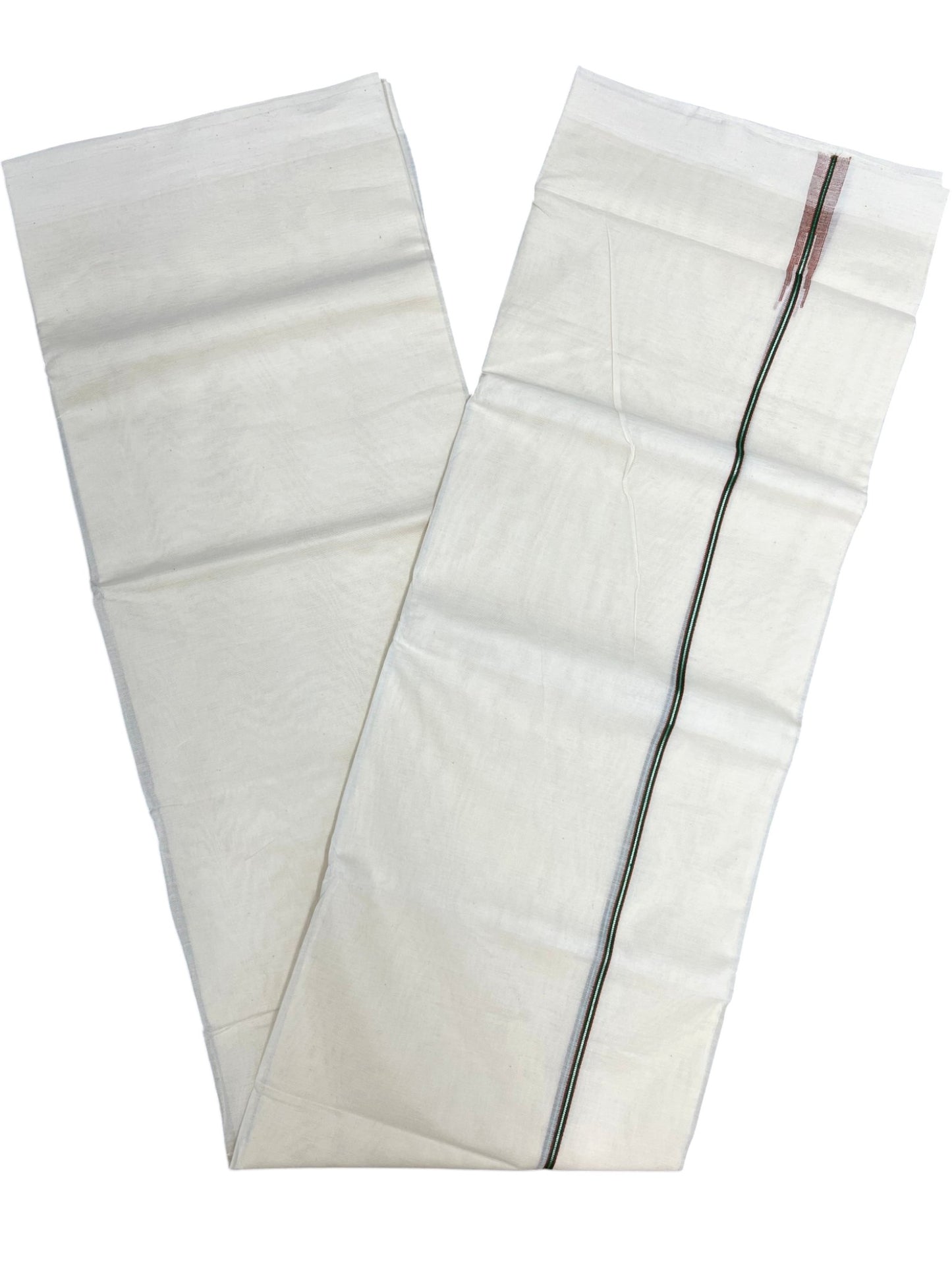 Kerala Pure Cotton Double Mundu with Brown & Green And Silver Chutti Kara (South Indian Kerala Dhoti)