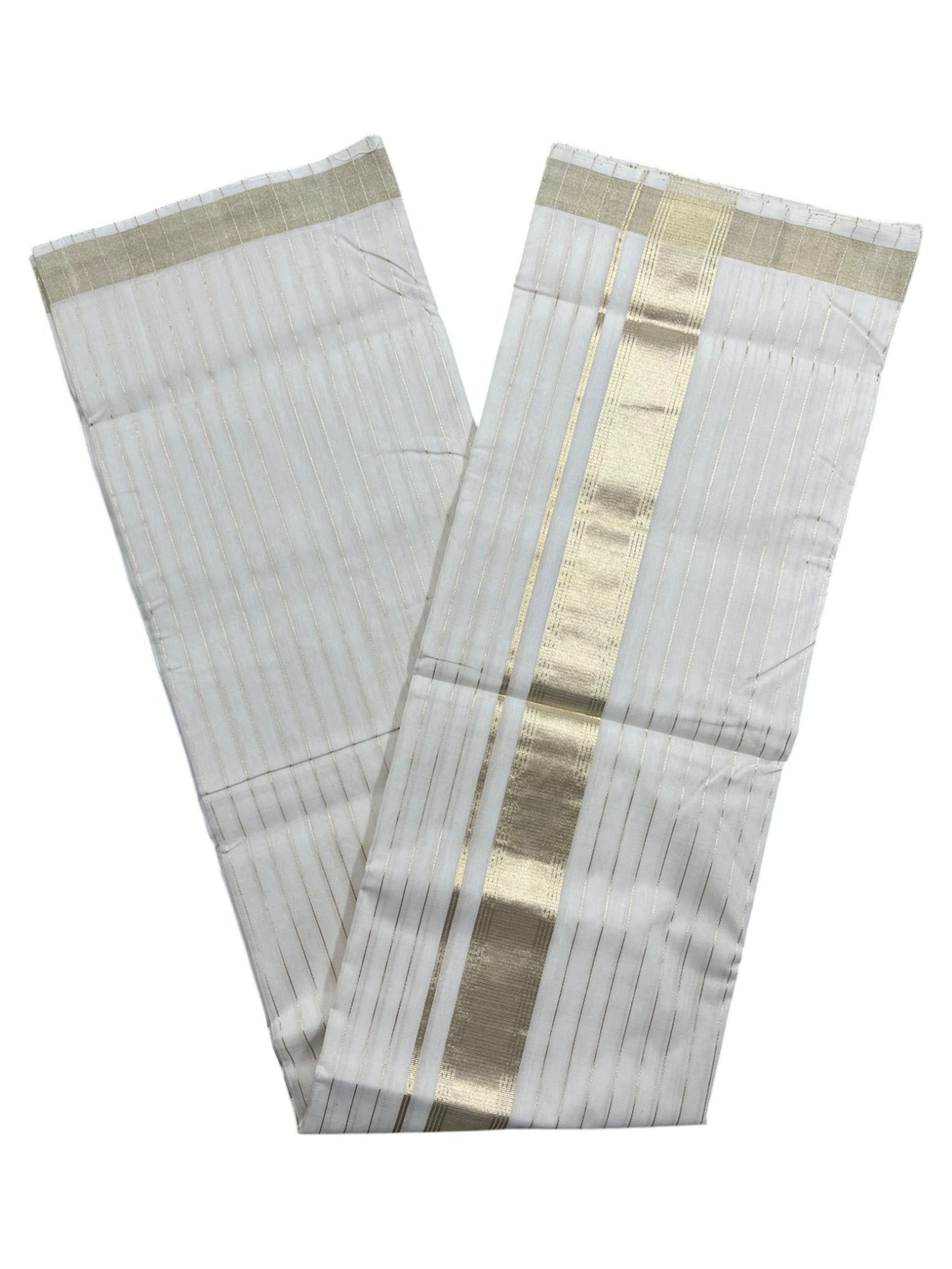 Southloom Premium Handloom Cotton Double Mundu with Gold Kasavu and Stripes on Body & Border