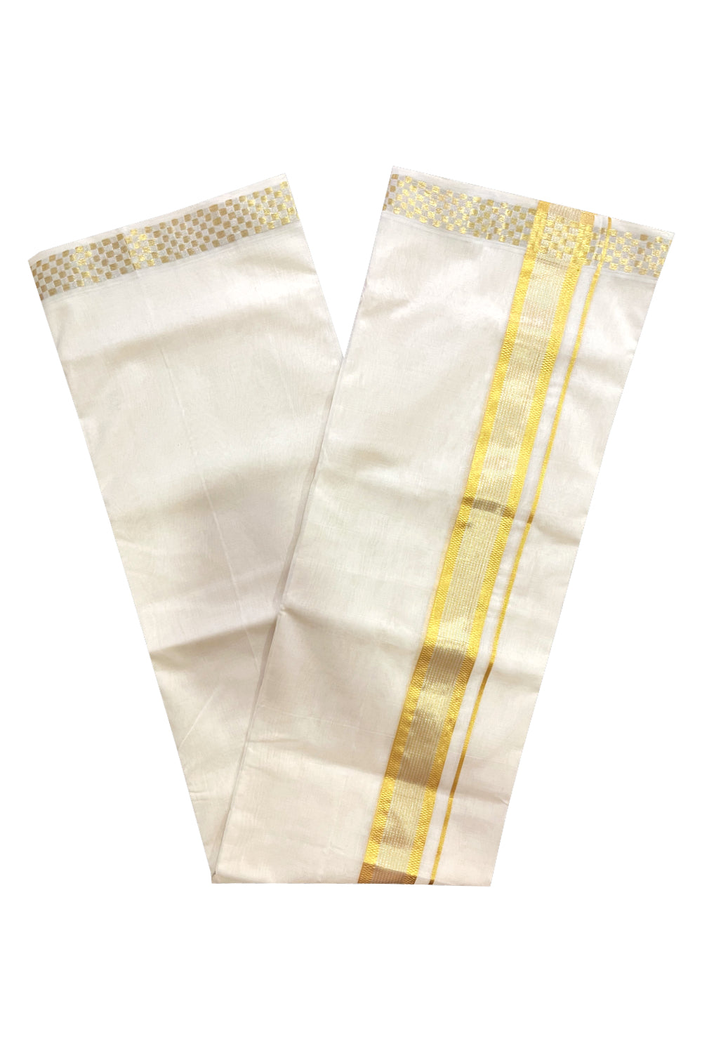 Premium Balaramapuram Unakkupaavu Handloom Mundu with Silver and Golden Kasavu Border (South Indian Kerala Dhoti)