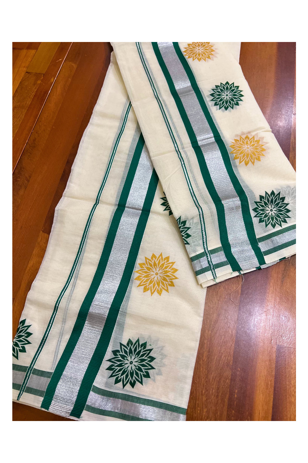 Kerala Cotton Mundum Neriyathum Single (Set Mundu) with Green and Yellow Floral Block Prints with Green Silver Kasavu Border